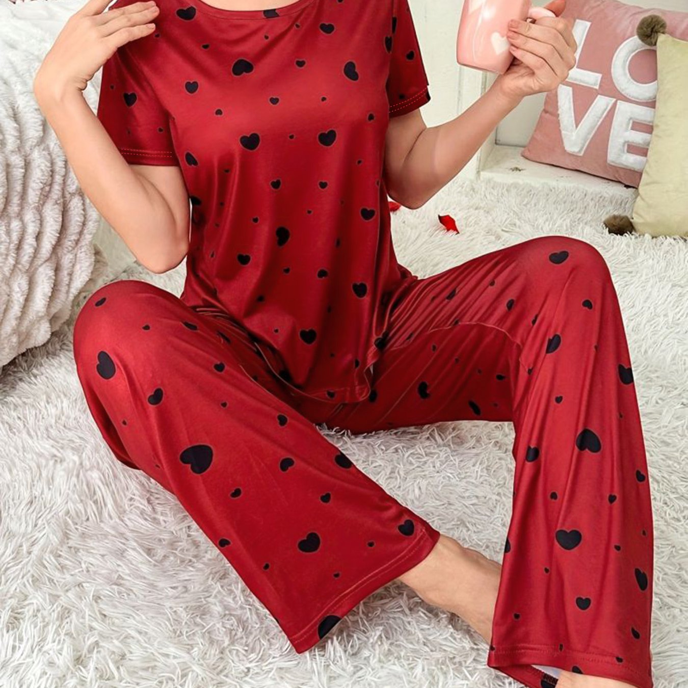 TEMU Women's 2pcs Pajamas - Soft Breathable Heart Print Sleepwear Suit With Matching Top & Elastic Waist Pants, Machine Washable Spring Summer Fall