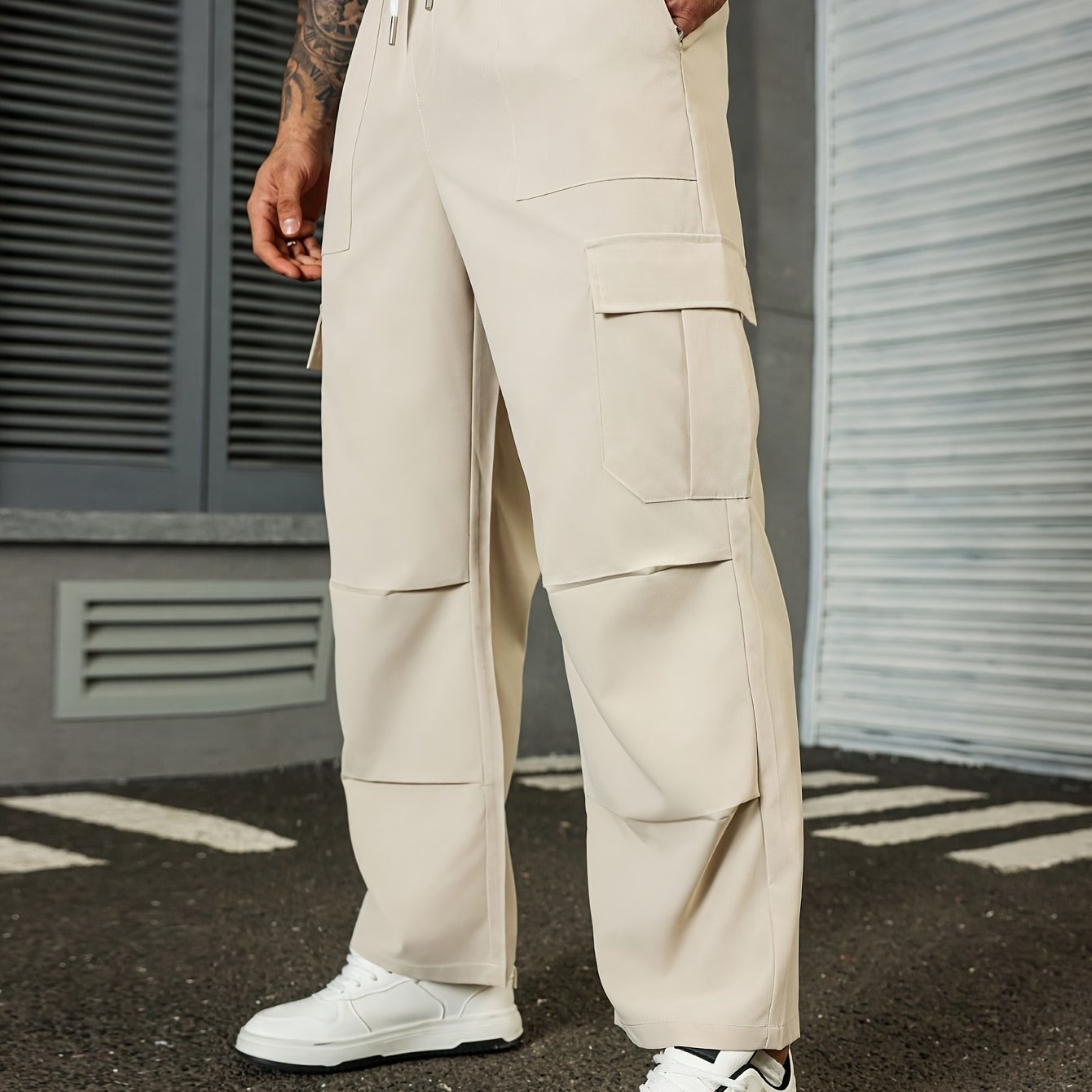 TEMU Versatile Apricot Men's Cargo Wide-leg Pants, For Everyday , Plus Size