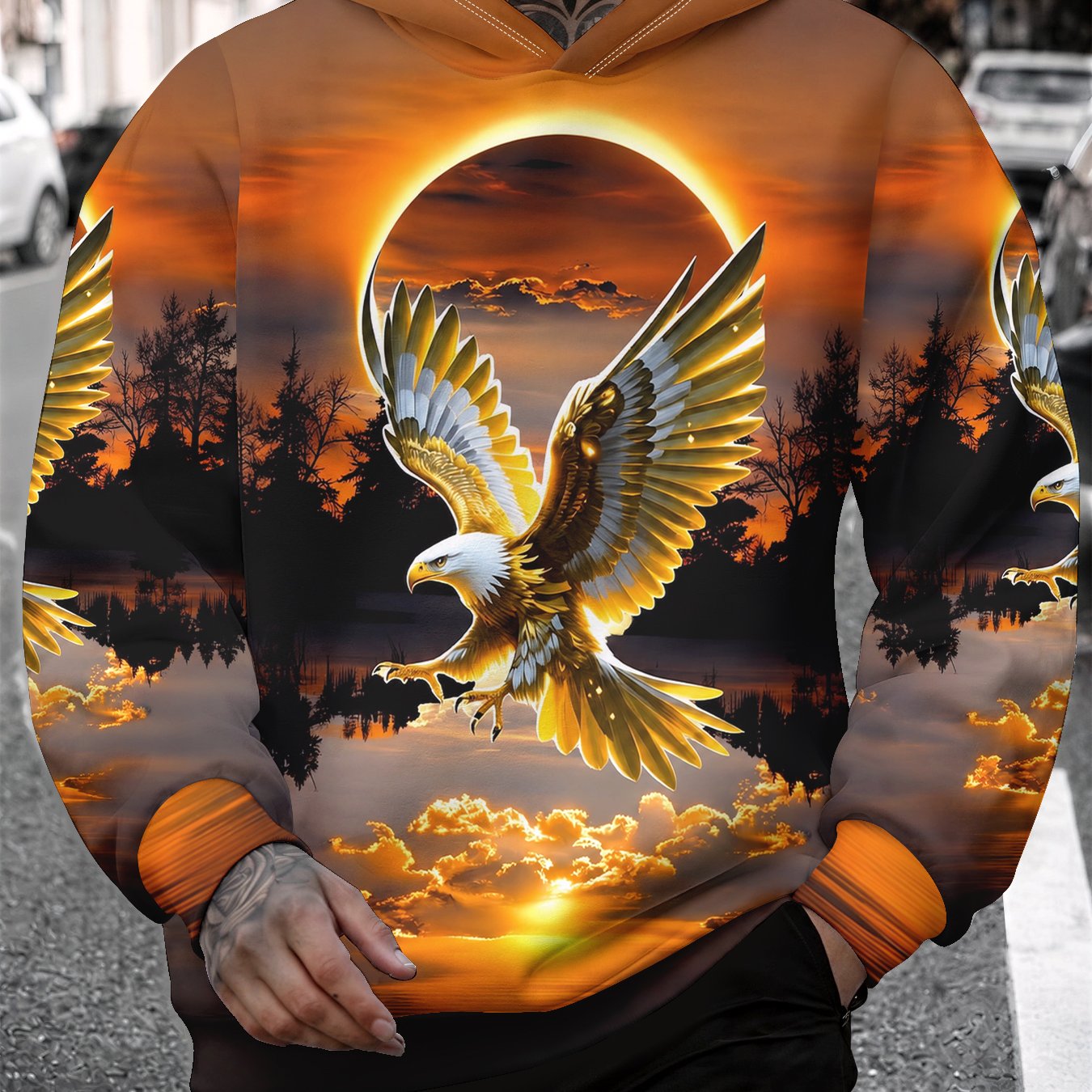 TEMU Men's Hoodie, Autumn And Winter Sports Sweatshirt With Eagle And Lake Scenery Print, Stylish Men's Hooded Top For Commuting, Sports, And Daily