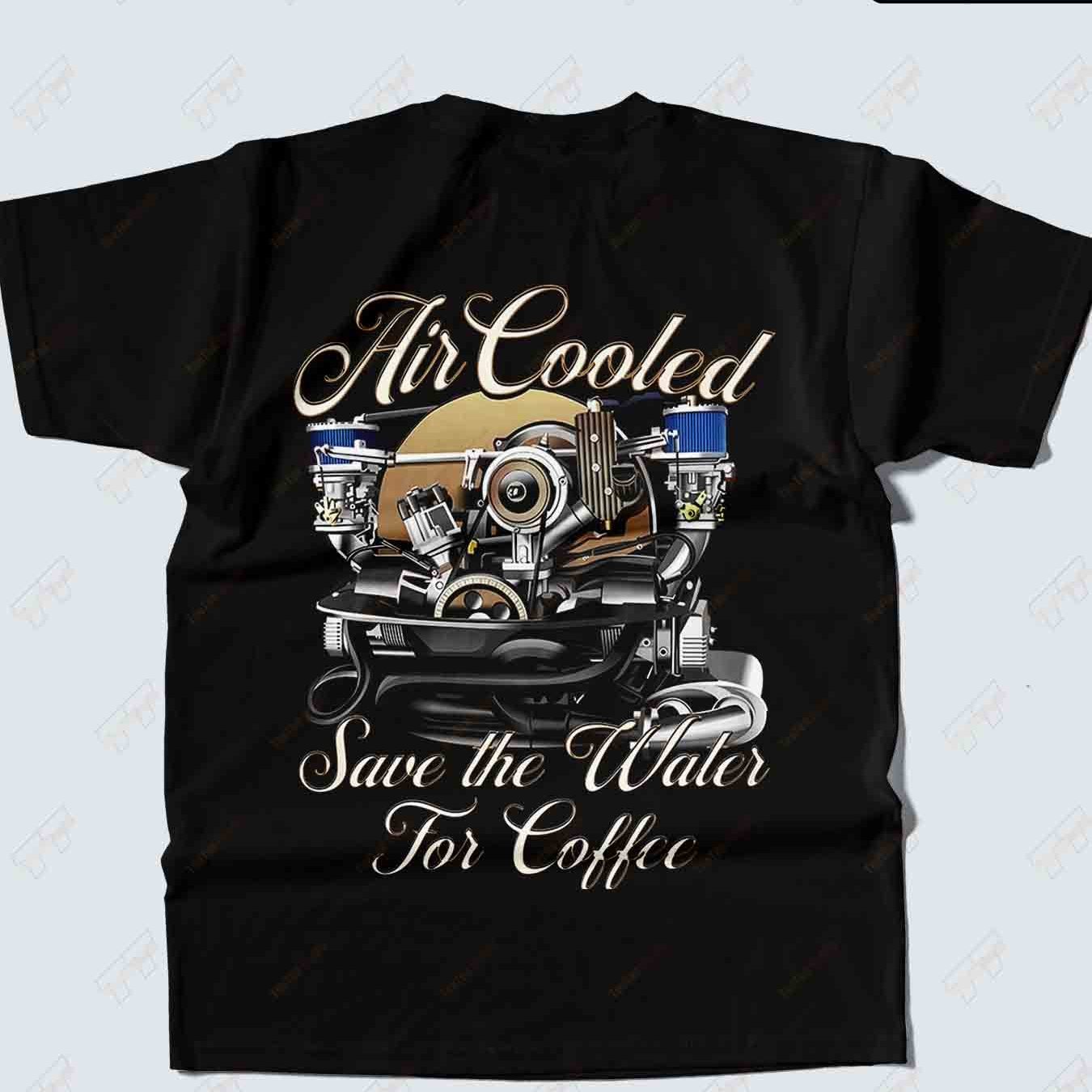 Image of Men's T-shirt 100% Air-cooled Engine Back Print - Retro Style For Coffee & Water Conservation, Casual Round Neck Short Sleeve Tee, Machine Washable For Casual Attire & Themed Apparel, Plus Size