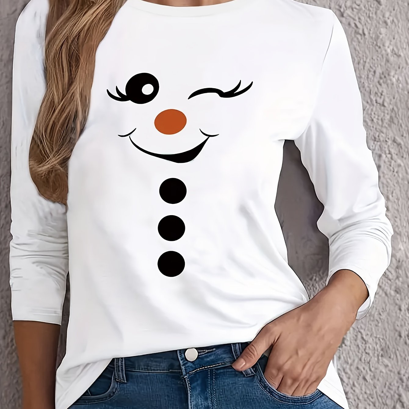 TEMU Women's Snowman And Laughing Face Printed Long-sleeve Round Neck T-shirt - Soft And Machine Washable Casual Top For Spring And Autumn, Regular