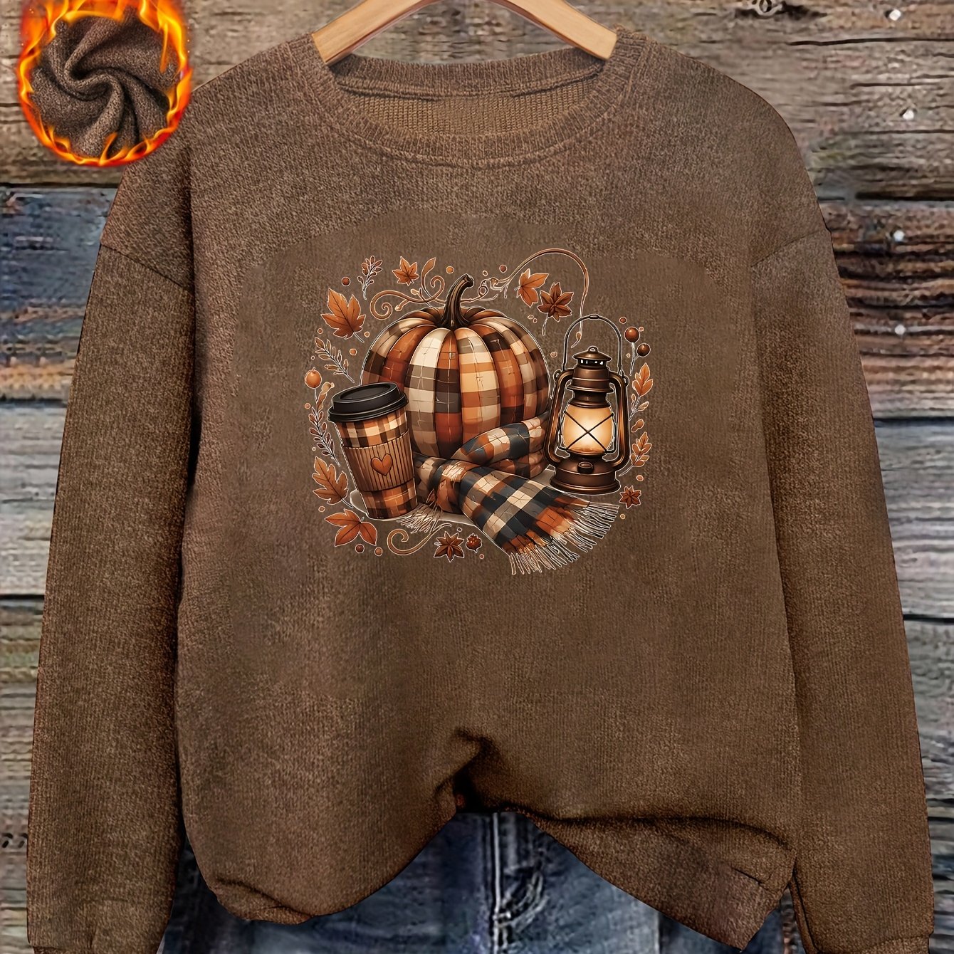 TEMU Plus Size, Plus-size Women's Long-sleeve Top Featuring A Casual Y2k- Neck And A Print Design Of Autumn Pumpkins And Scarves; Made From Polyester