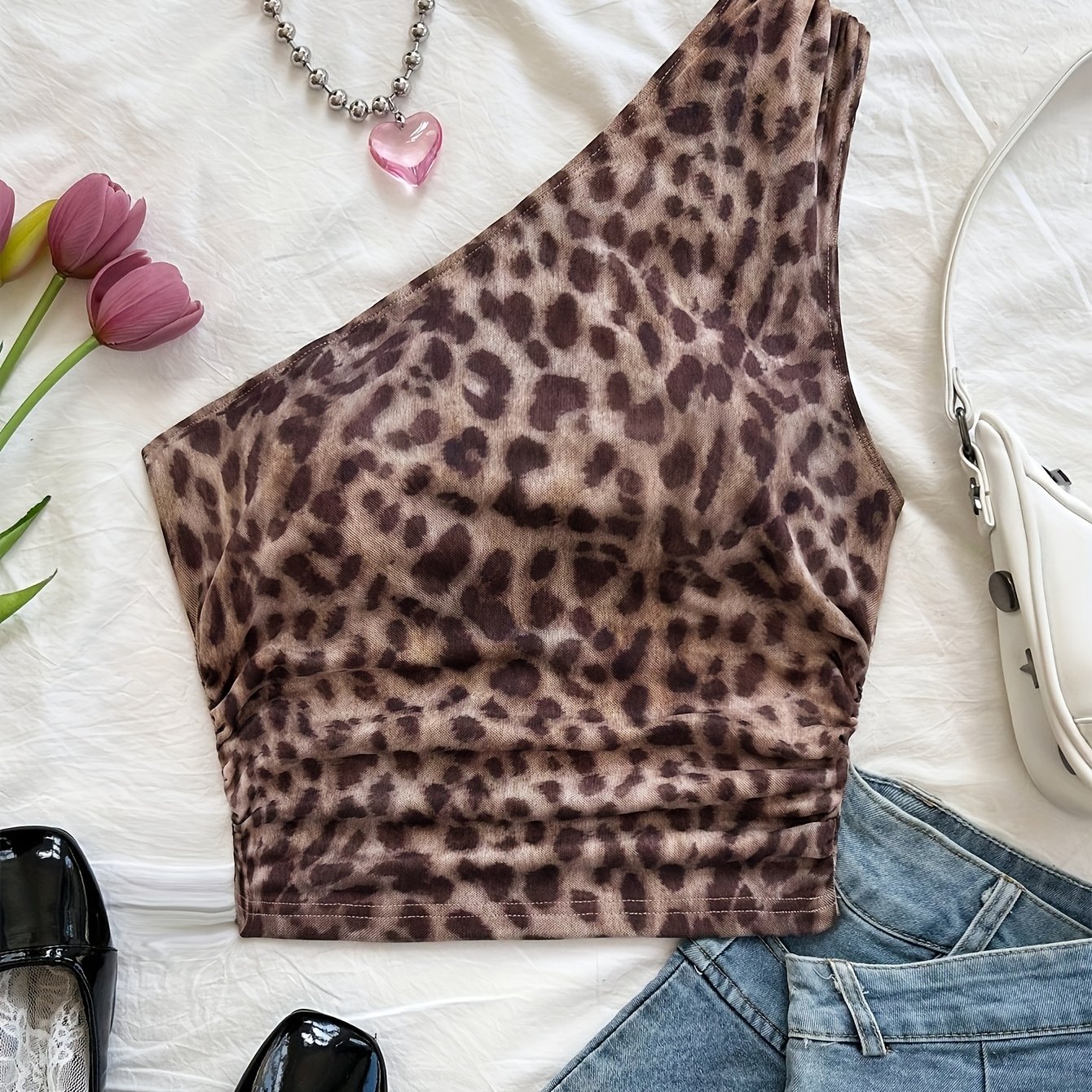 Women's Fashion Leopard Print Side Ruched Off-
