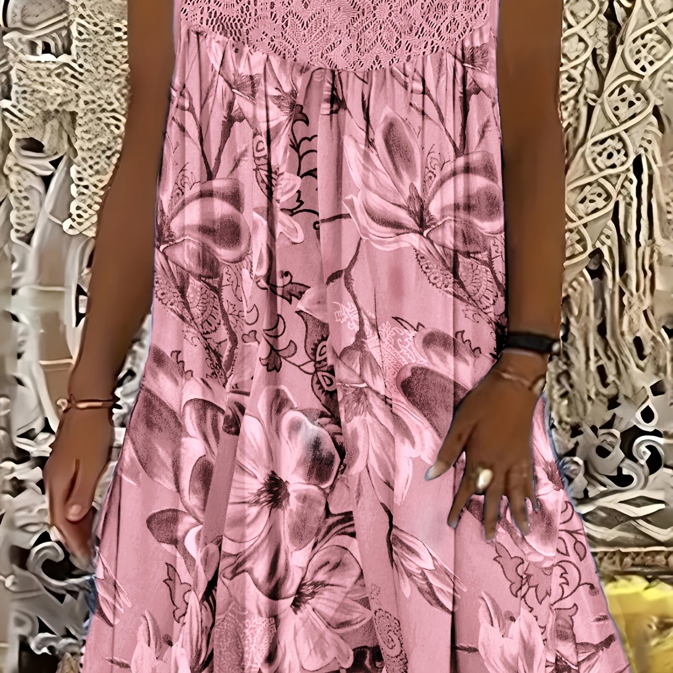 Image of Plus Size, Plus Size Women's Sleeveless A-line Dress With Lace Details And Floral Pattern - Knee-length Loose Fit, Machine Washable, For Casual To Formal Wear
