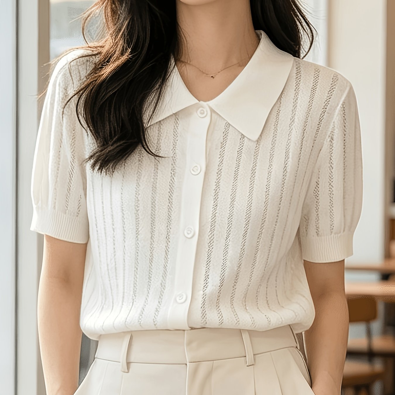 TEMU 솔리드 컬러 할로우 아웃 성격 폴로 칼라 가디건 여성 여름 신상 이지 패션 얇은 반팔