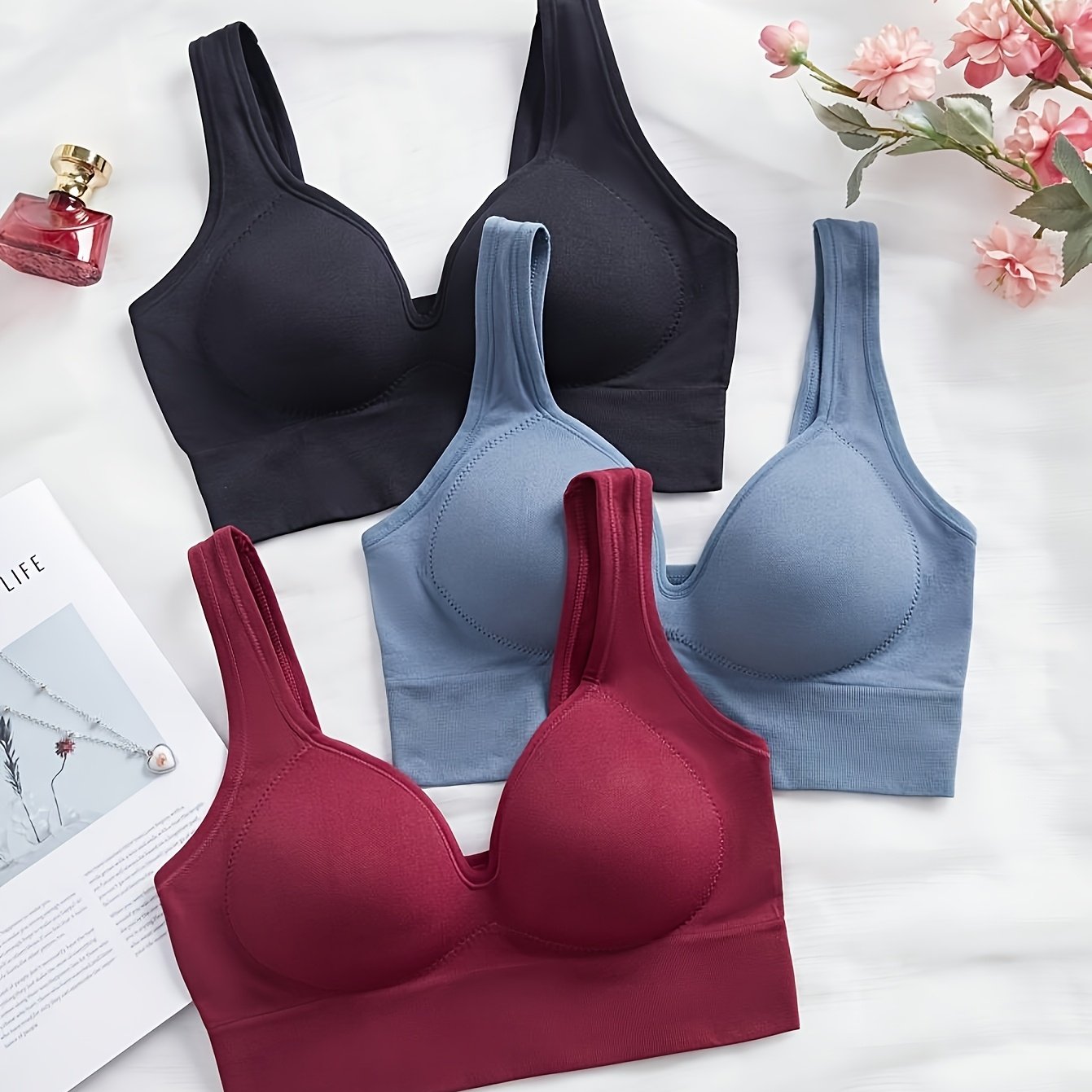 TEMU 3pcs Solid Color Women's Fixed Cup Easy And Elegant Seamless Bra, No Underwire, Wide Shoulder Pads, One-piece Cup, Bra, Sports Bra, Underwear