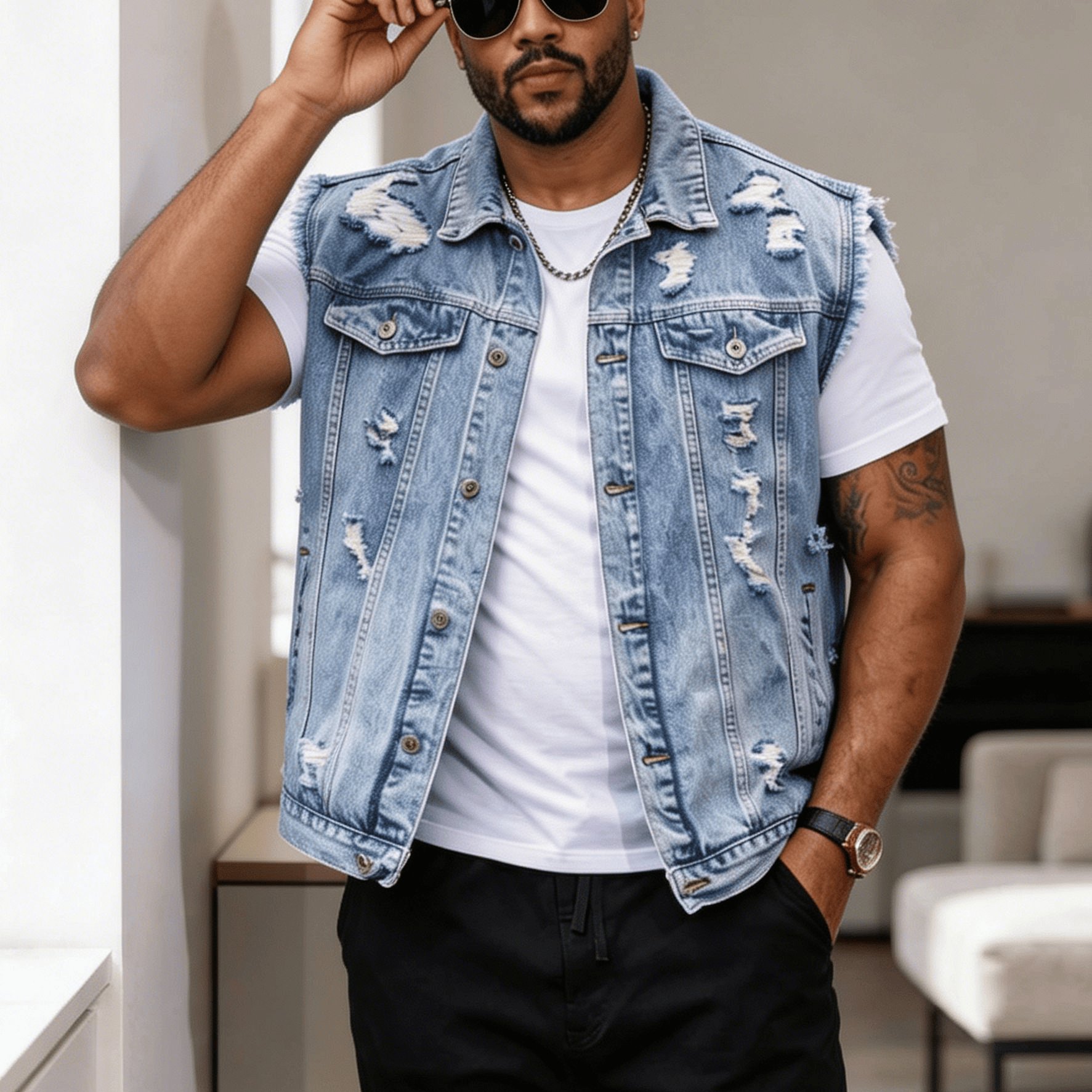 Light Blue Frayed- Vest For Men - Double Pocket, Loose Fit, Sleeveless, Retro Work Jacket Style. Street, Retro Workwear, Versatile And Easy To Layer
