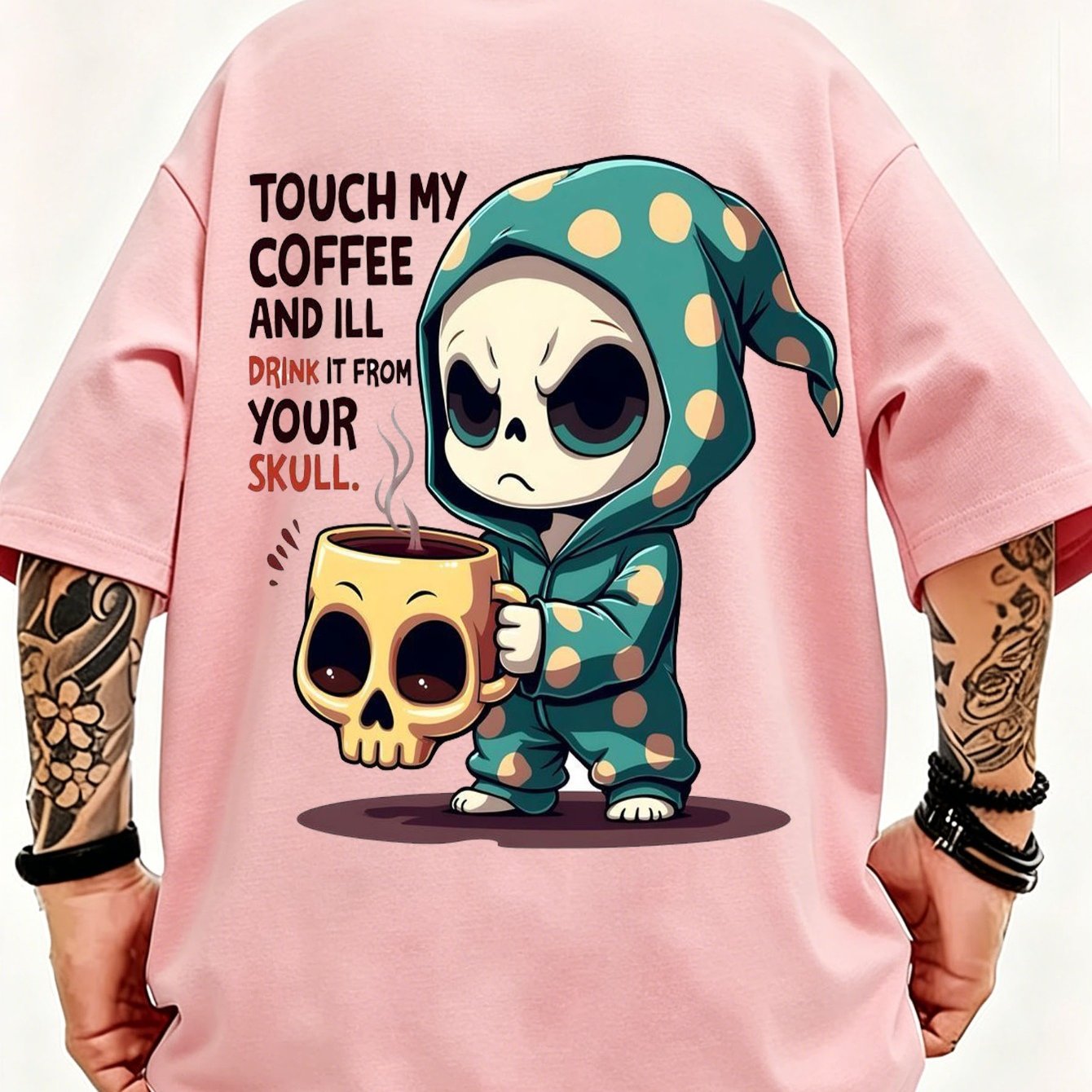 Image of Men' Coffee Skull & Reaper Graphic T-shirt - Oversized With Humor, Loose Fit Casual Shirt Suitable For Daily Wear, , Machine Washable Dark Gothic Apparel