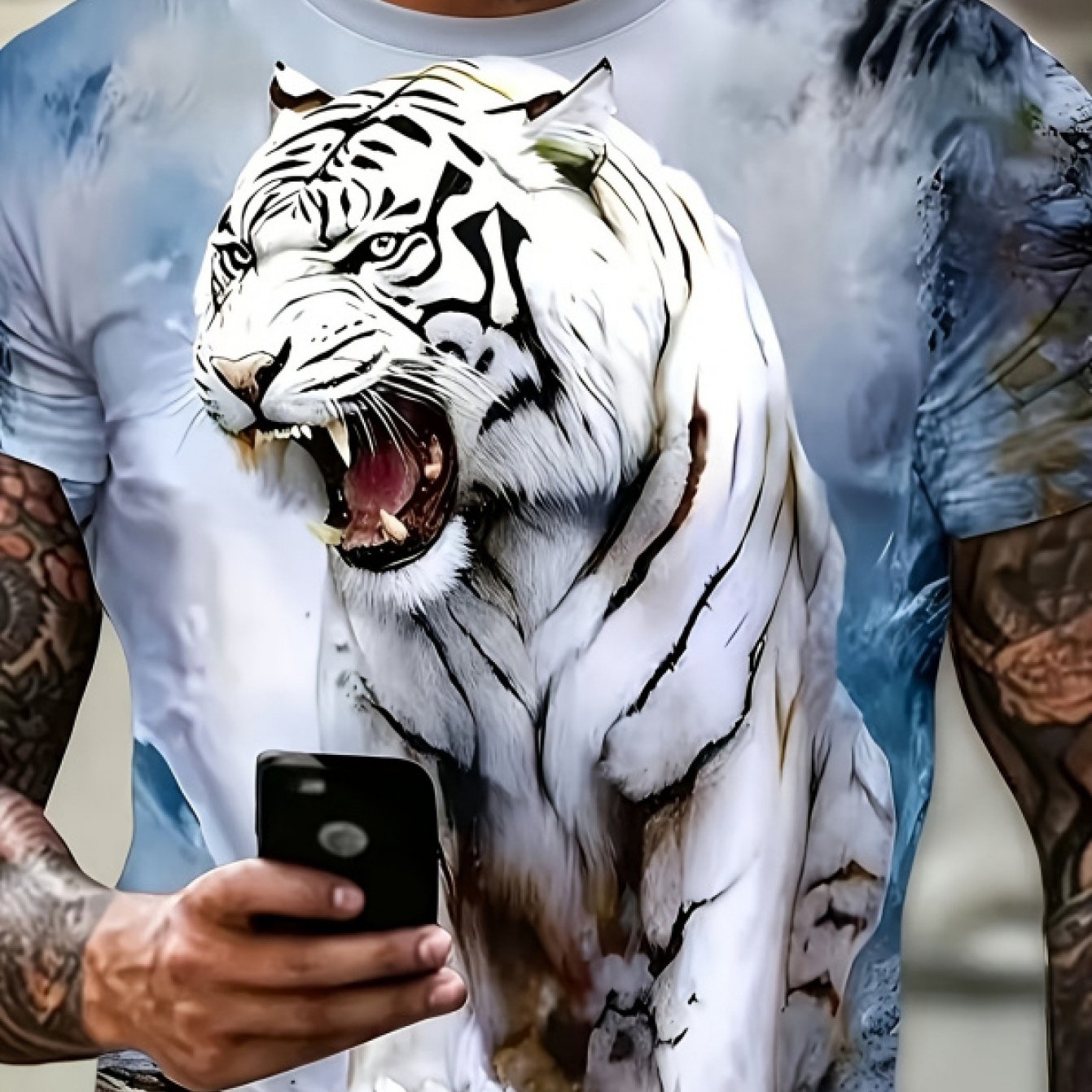 TEMU [printed Design- Not Textured] Men's Fashion T-shirt Printed Men's Casual Crew Neck T-shirt, Featuring A White Tiger Print, Suitable For Sports