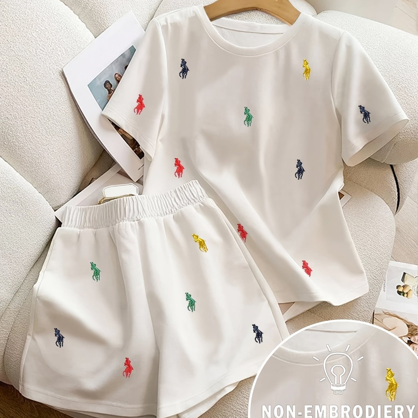 Image of 2pcs Women's Casual Knight Print Short Sleeve T-shirt And Shorts Set, Summer