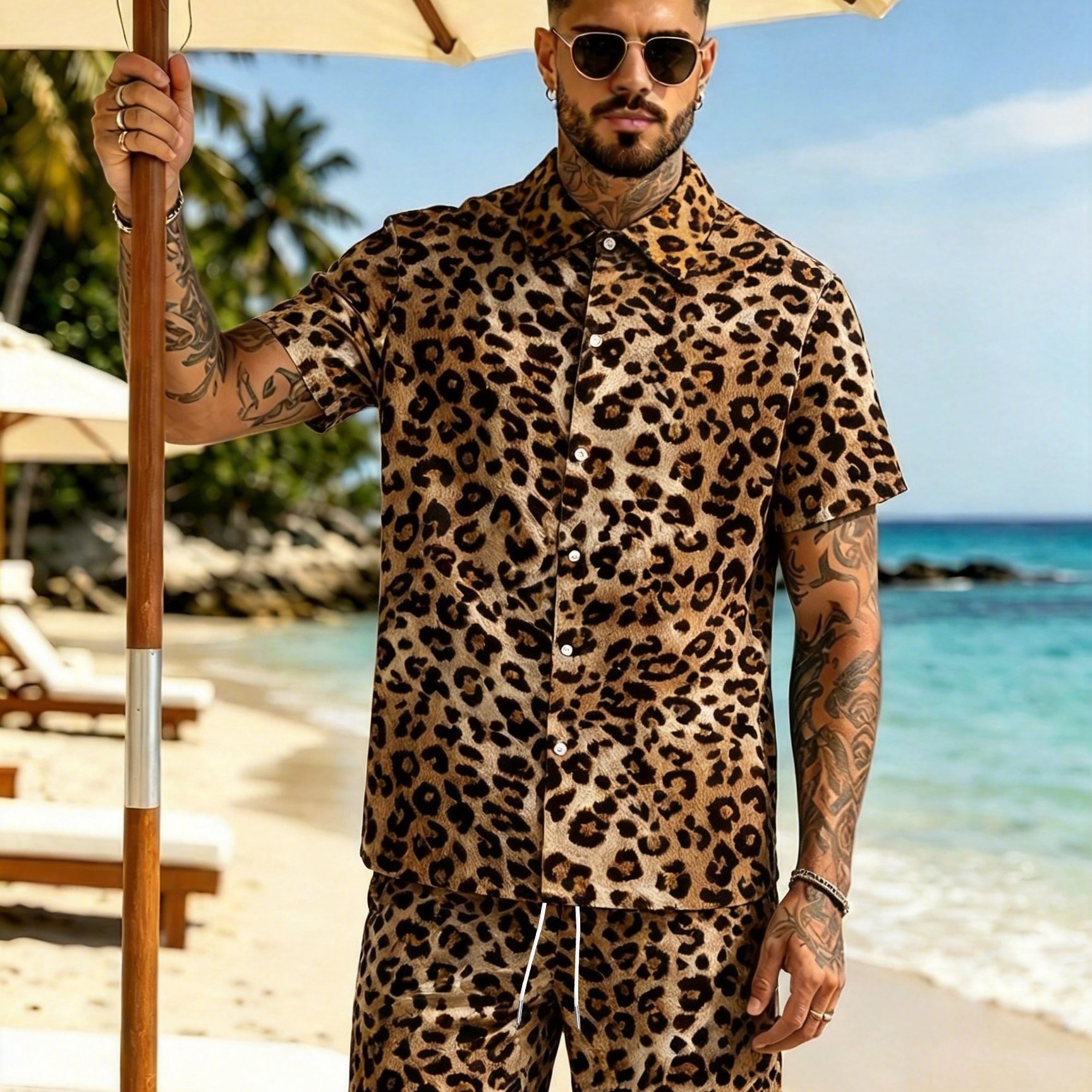 TEMU 's Leopard Print 2pcs Set: Lightweight Short-sleeve Shirt + Shorts. Comfortable For , Perfect For Beach Vacations. Easily Worn For Daily