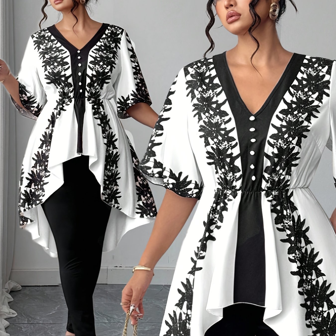 TEMU Plus Size, Classic: Gothic Academic Style, Dark Feminine Charm. Plus-size Women's V-neck Short-sleeve Printed Front Button Detail, Black, White,