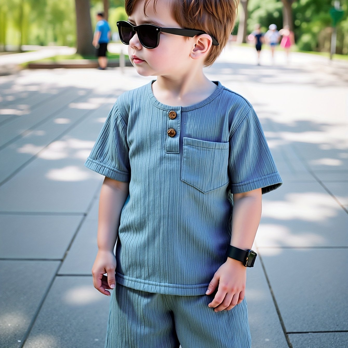 Image of 2pcs Set For Men And , Summer Style, Wave Stripe Fabric, Chinese-style Cardigan T-shirt & Plain Blue Shorts With English Letter Label, Comfortable And Suit, Perfect For Outdoor