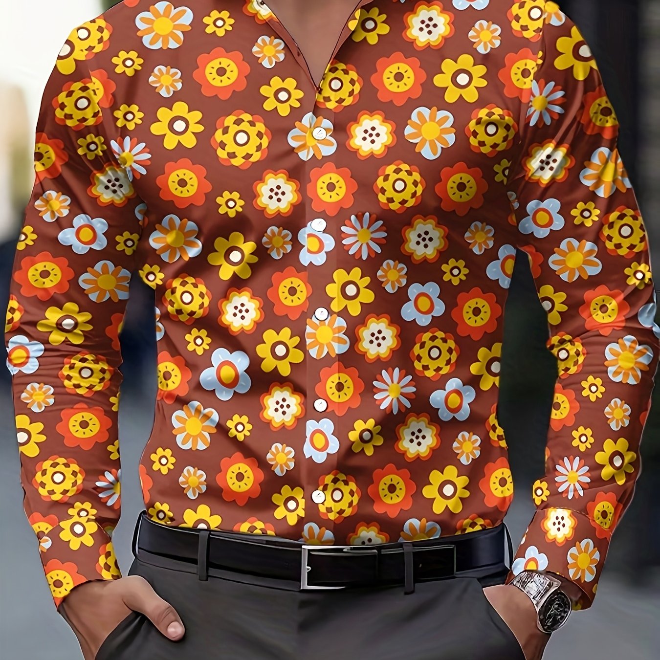 TEMU Men's Fashion Printed Shirt 70s Vintage Flower Floral Print Men's Casual Button Long Sleeve Shirt, Spring, Summer And Fall Ethnic Style Men's