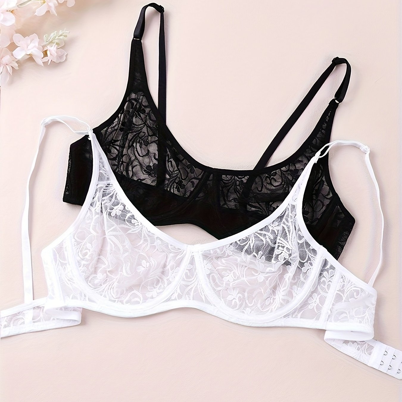 2pcs Women's Bra Lace Sheers Unpadded Sexy Lingerie Bh Tops Flower Brassiere Underwire Plus Size Bras Black White