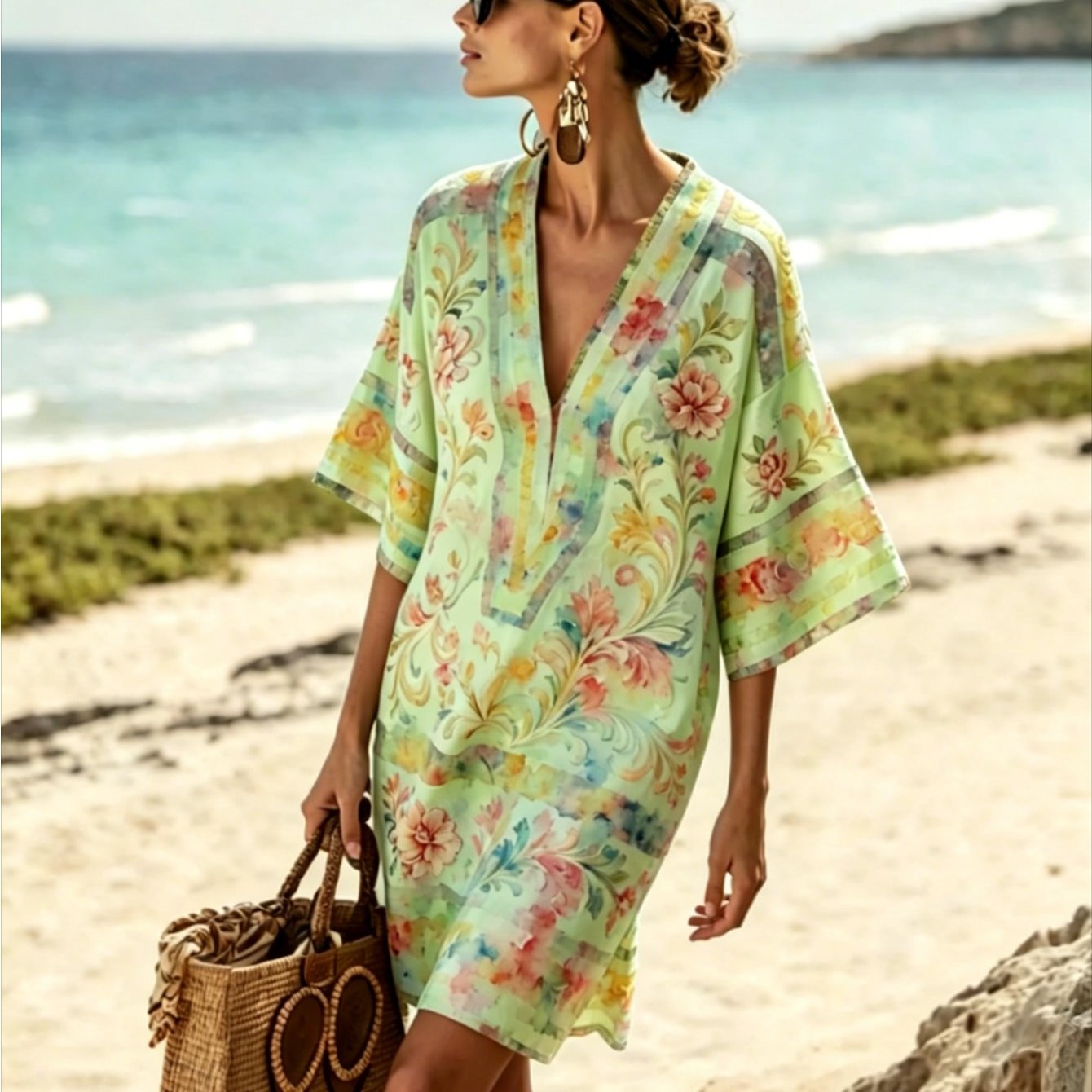 Plus Size Women's Spring/summer V-neck Loose Dress With And Bamboo Yarn Fabrics. This Versatile Casual Dress Fits All Body Types And Worn As A Beach Blouse Or Everyday Dress