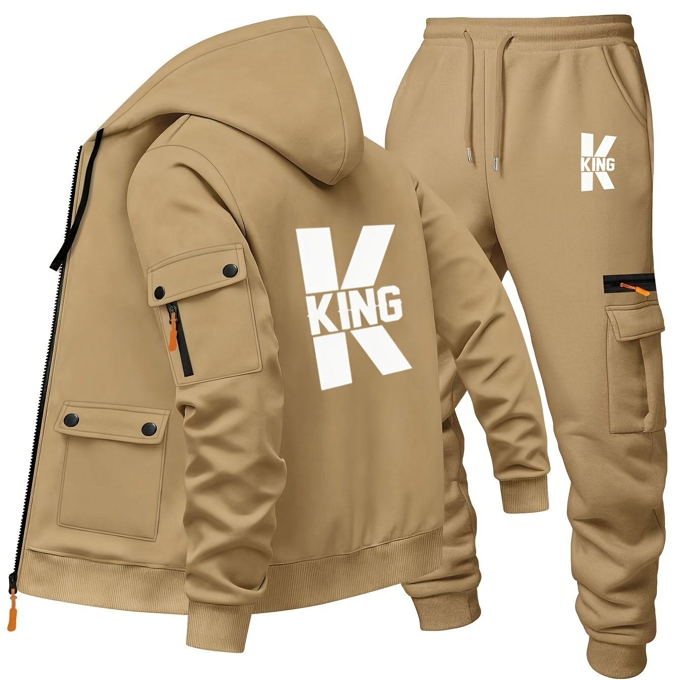 TEMU Outdoor Men's Fashion Hooded Multi-pocket Cardigan Sweatshirt And Drawstring Pants Two-piece Set