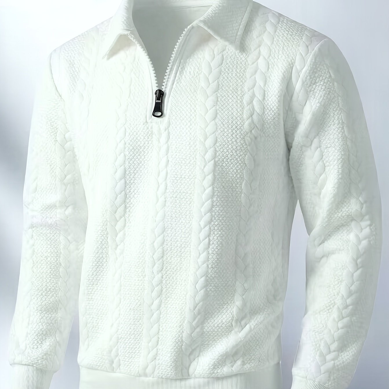 TEMU Autumn Men's Half-zip Lapel Sweatshirt With Three-dimensional Cable Jacquard Texture, Casual Long-sleeve Pullover Top