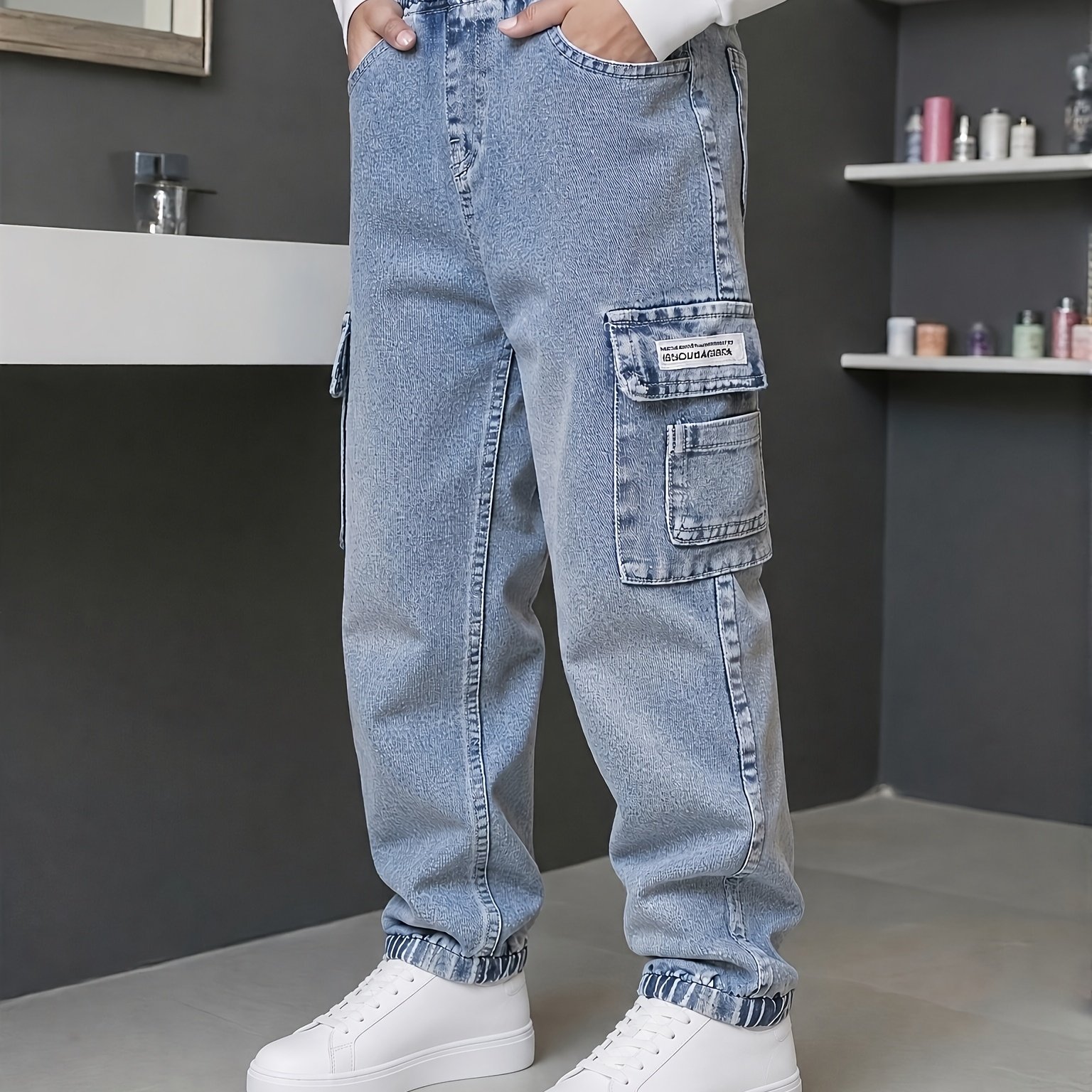 Image of Boys' Loose-fit Versatile Cargo Multi-pocket Jeans, Suitable For , Fashionable And Trendy Style