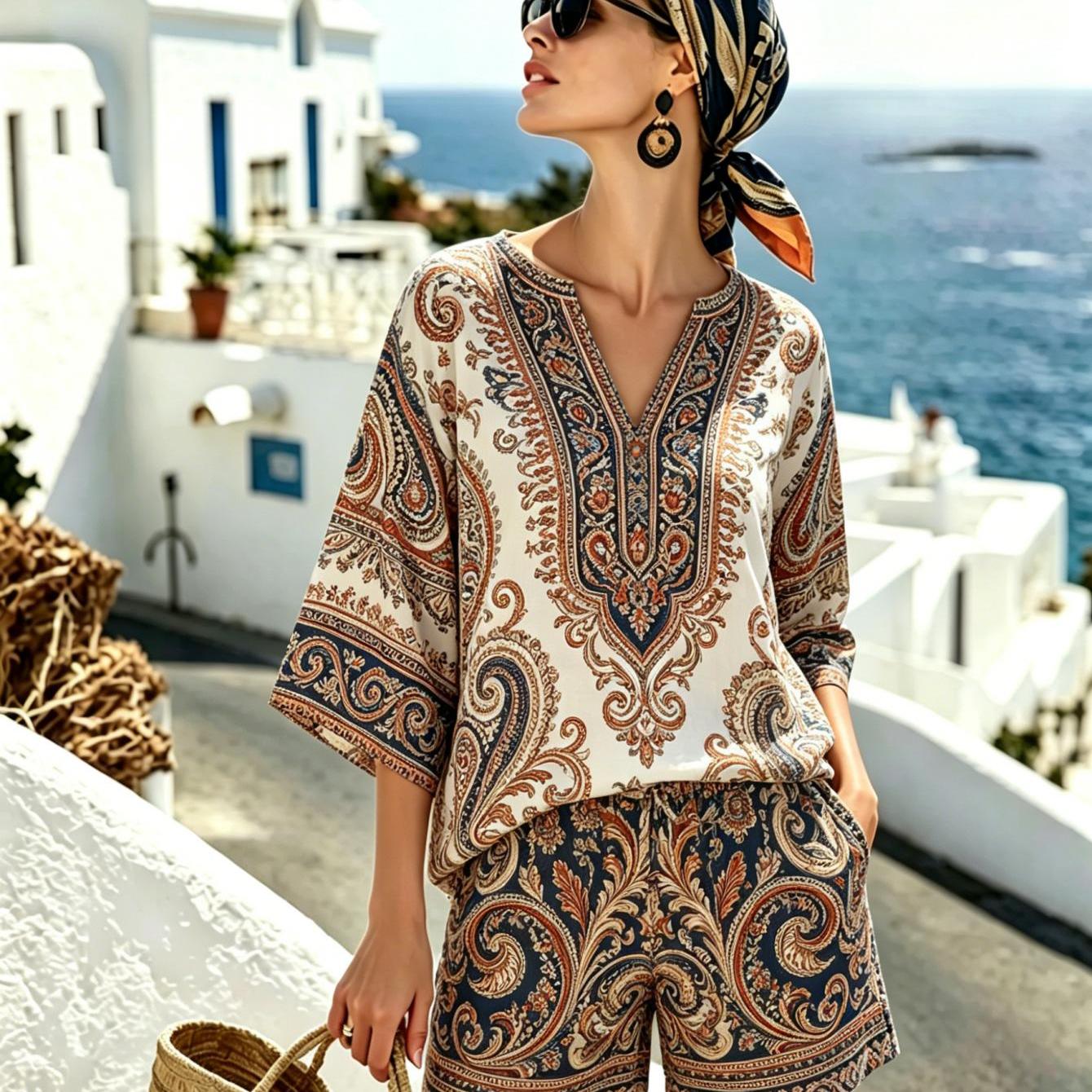 Image of New Women's Set - Summer Outfit Paisley Pattern Casual Women's Top And Shorts 2pcs Set Polyester Fiber Machine Washable Style Suitable For Casual Attire 2d Flat Print, 2d Flat
