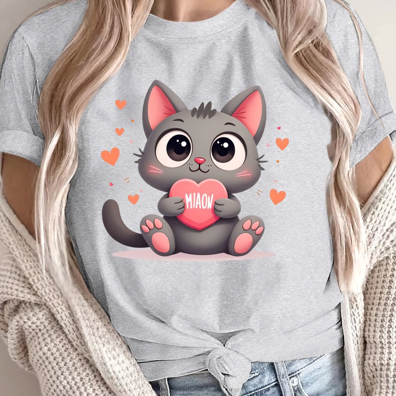 TEMU Women's Loose Fit Large Size T-shirt - Cute Cartoon Cat With Hearts Graphic, Soft Breathable Fabric, Round Neck Short Sleeve Casual Top For