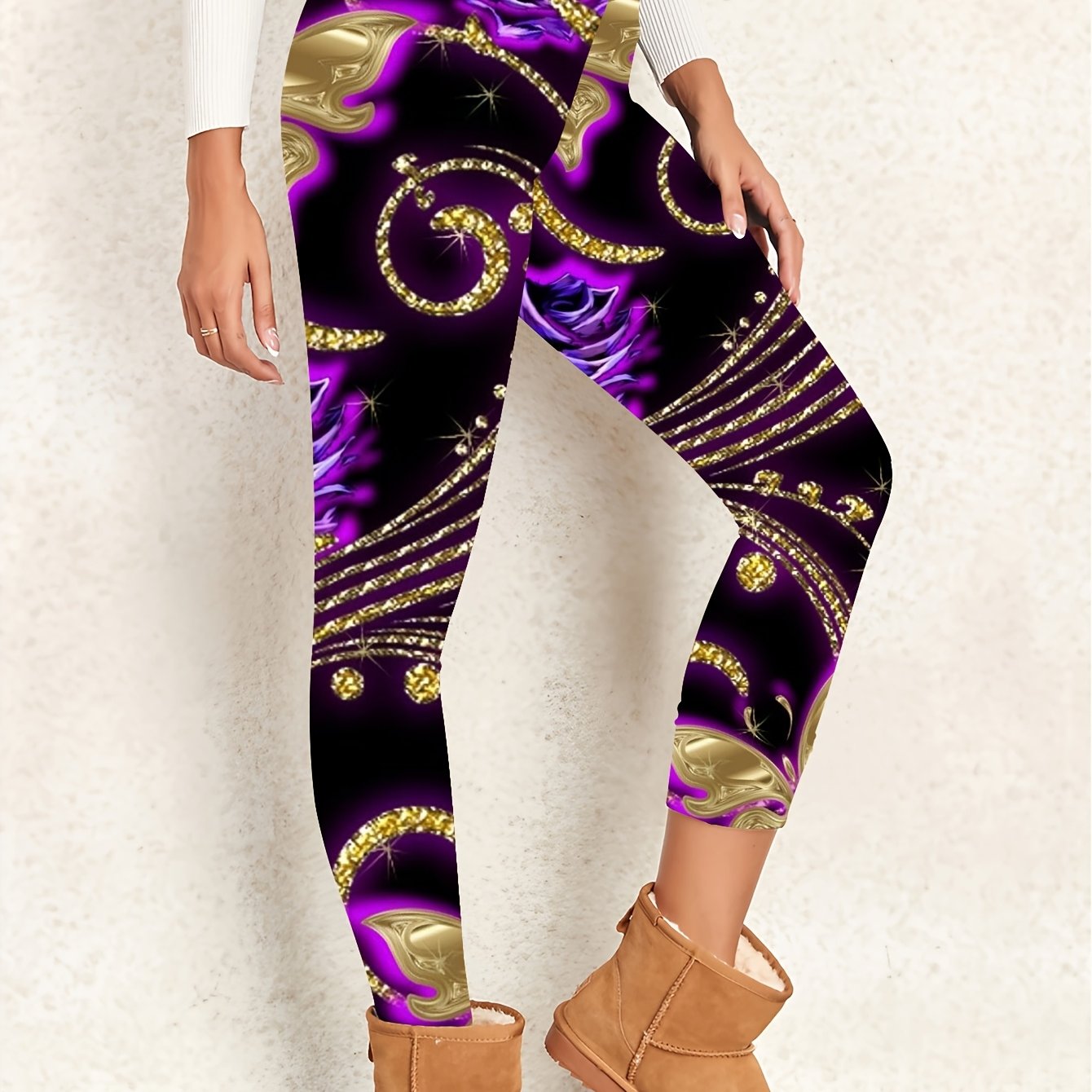 TEMU Women's & Purple Floral Printed Leggings - Soft & Comfortable Stretchy Knit Fabric, , Polyester 90%, Elastane 10%, Spring/summer/fall - Joggers