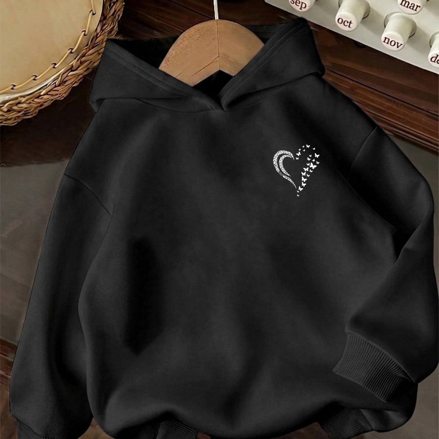Image of Fall Winter Stylish Girls' Long-sleeve Hoodie, 'minimalist Cutout Heart' Print Loose- Casual Top