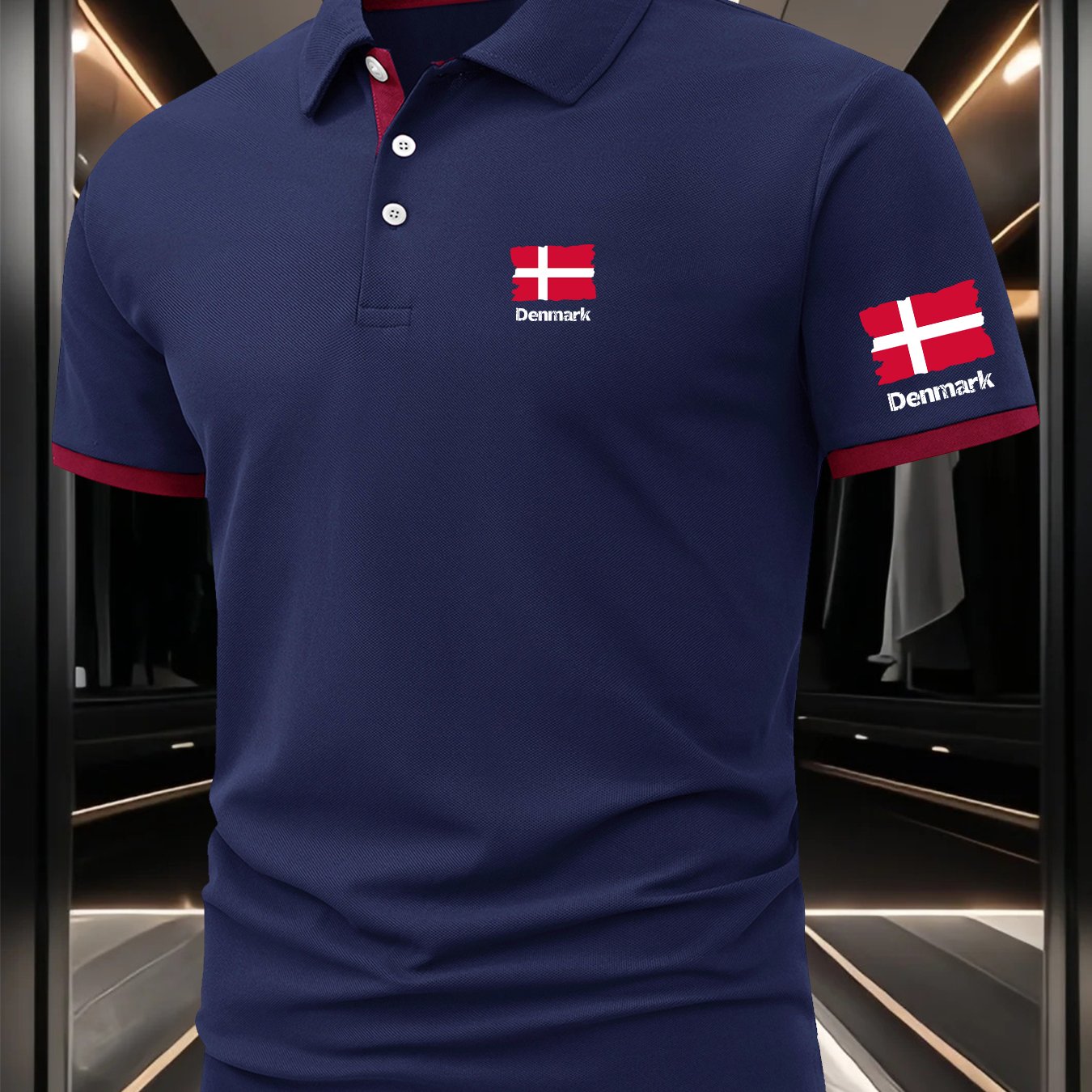 TEMU 's Short-sleeve Shirt With Denmark Flag Print, Outdoor Golf Shirt, Equestrian Casual Collar Short Sleeve, Mature Men's Business Casual ,