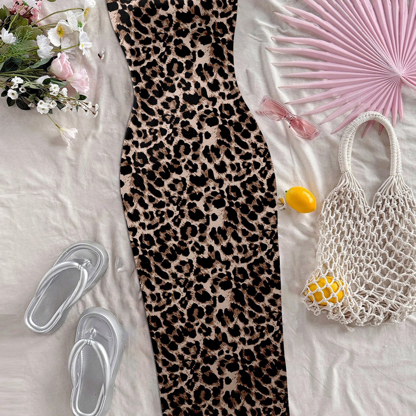 TEMU Women Summer Hot Bodycon Vacation & Party Leopard Print Strapless Tube Top Tailored Hem Breathable Midi Dress