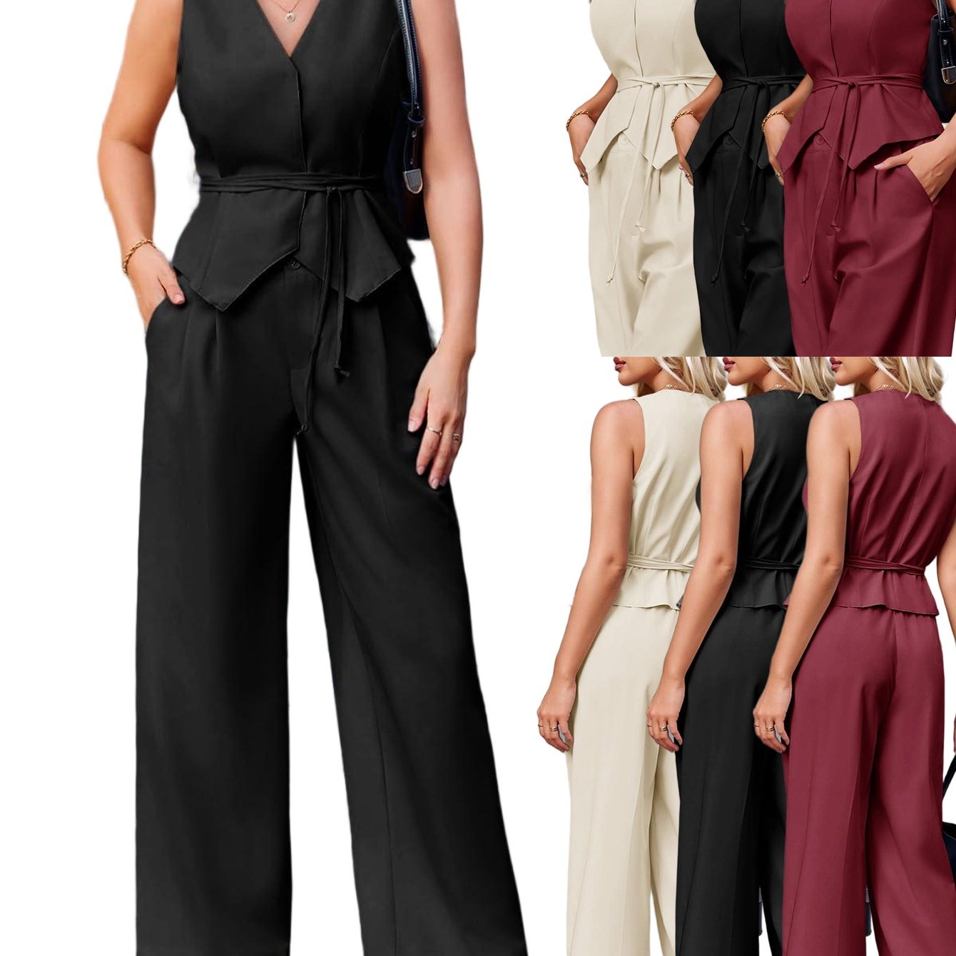 Image of Women's 2pcs Blazer Suit Vest & Wide Leg Pants - Sleeveless Tie Waist Business Casual Outfit, Solid Color Blazer Sets, Machine Washable - Professional Attire For Office, Weddings, Meetings (no )