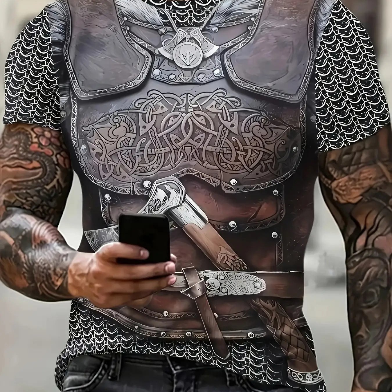 TEMU Men's Vintage Armor Print T-shirt - Style, Stretchy Crew Neck T-shirt Featuring Axe And Sword Designs On A Dark Background, Short Sleeves,