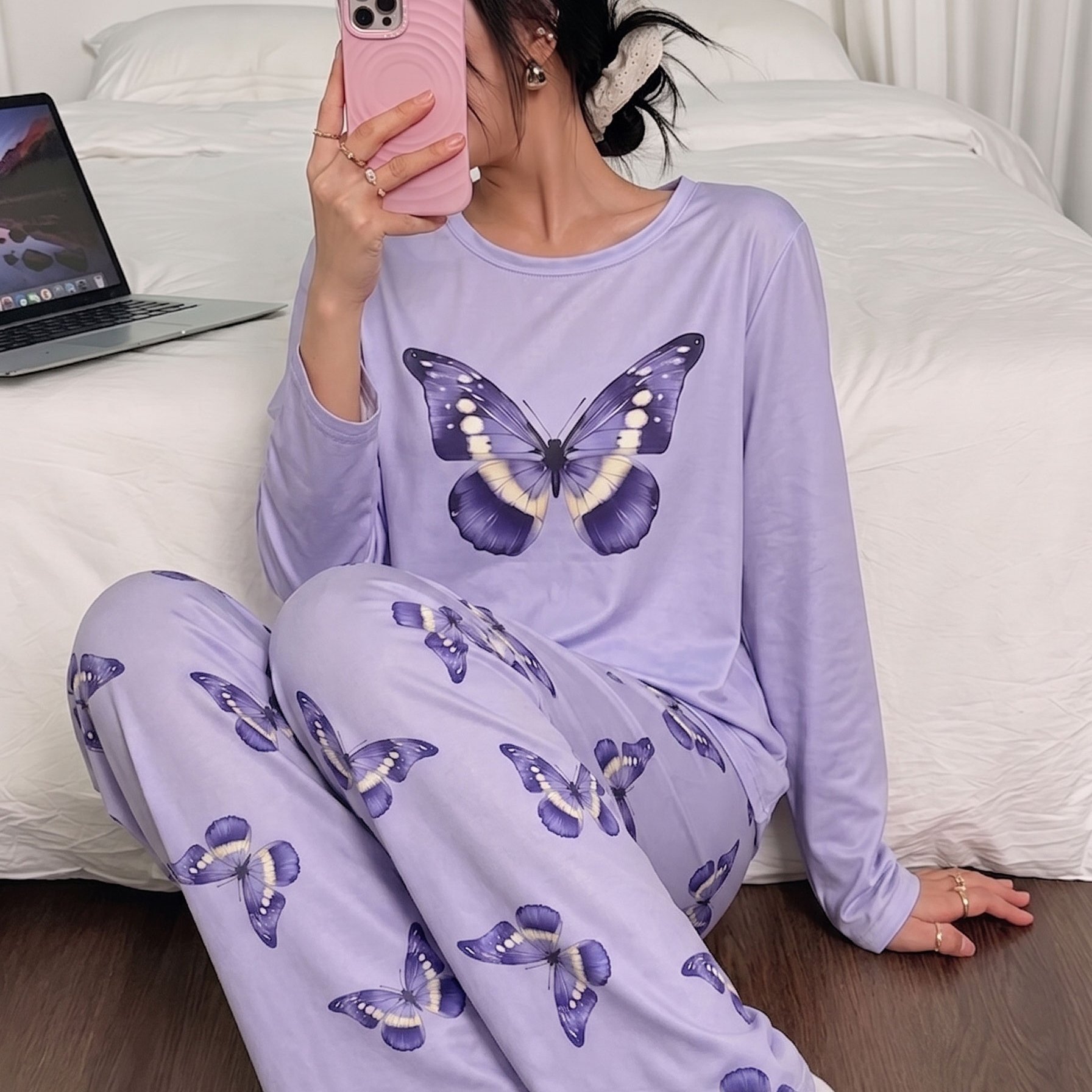 TEMU Blue Print Long Sleeve And Pants Women's Pajama Set