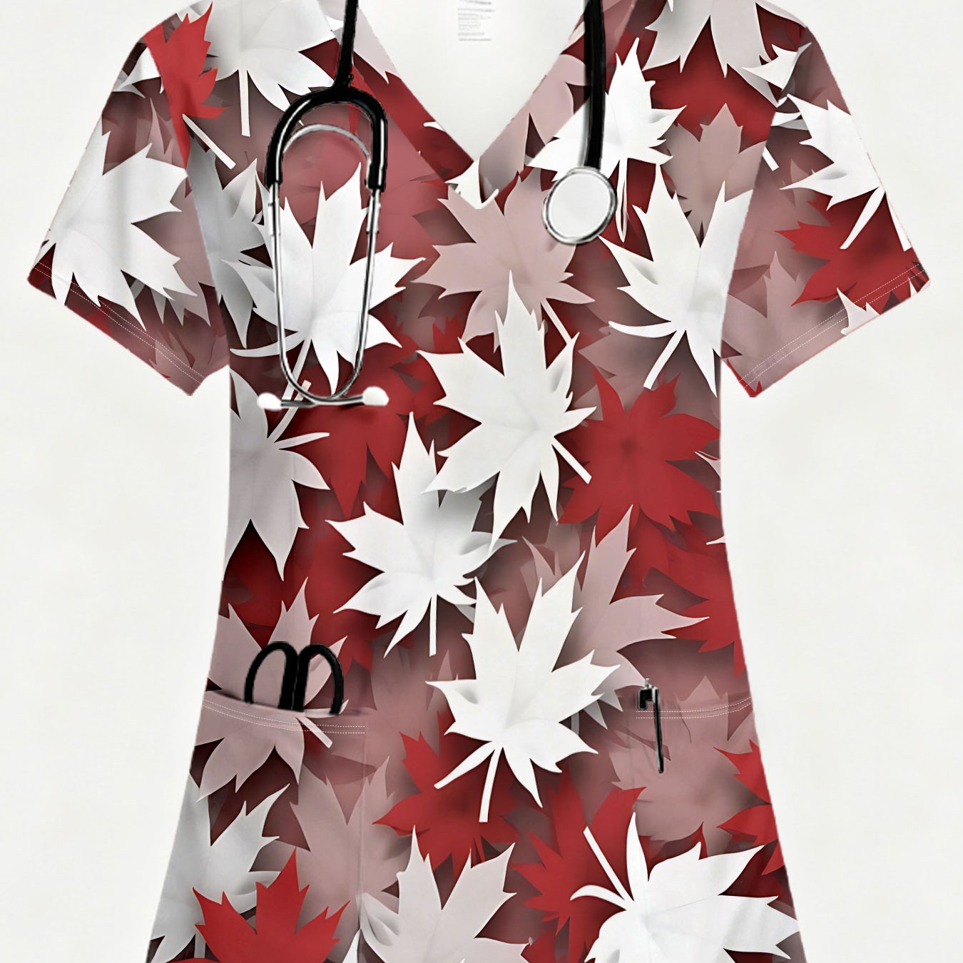 TEMU Haut à col en V pour soignantes, motif imprimé vif, tenue de travail confortable pour infirmières, combinaison de couleurs rouge, blanc et