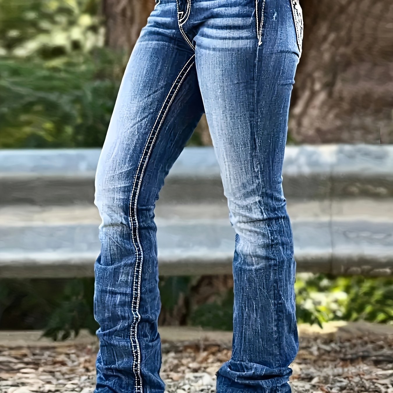TEMU Women's High-waisted -fit Flared Jeans | Vintage, -in Look With Ethnic-style Embroidered , Soft, Stretchy, Machine-washable, Suitable For