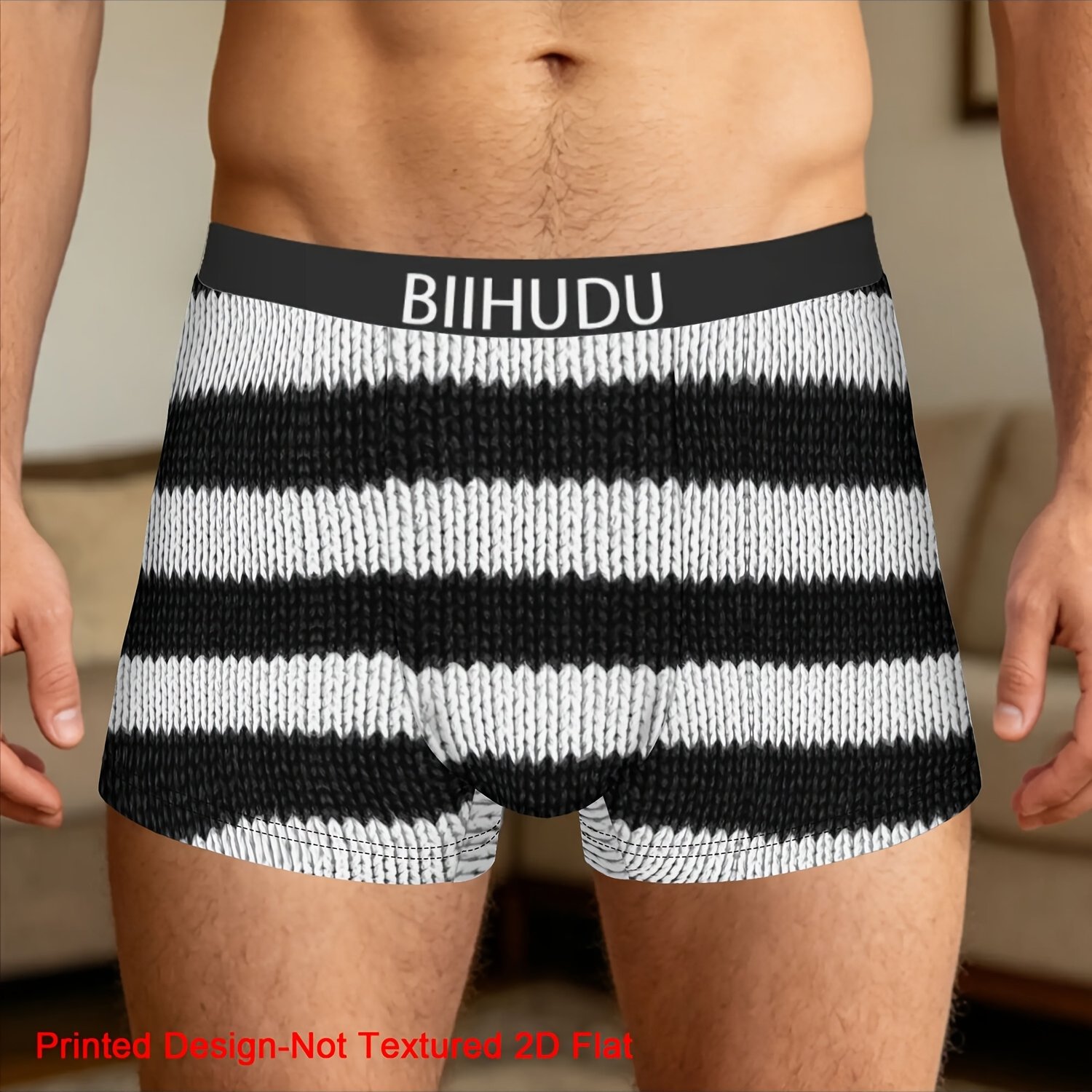 TEMU 1pc Black And White Knit Stripe Texture Biihudu Underpants Men's Panties Male Underwear Ventilated Shorts Boxer Briefs (printed Design-not