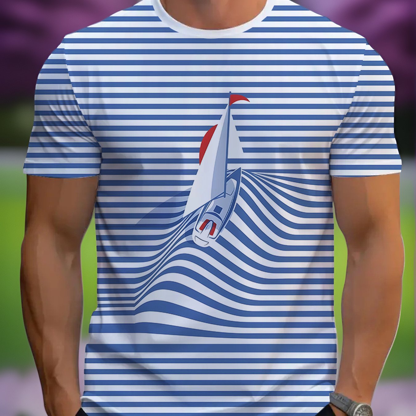 TEMU 2026 's Blue And White Striped Sailboat Slim Fit T-shirt, Easy And Clean Style, , Casual Shopping And , Fashionable Summer Top