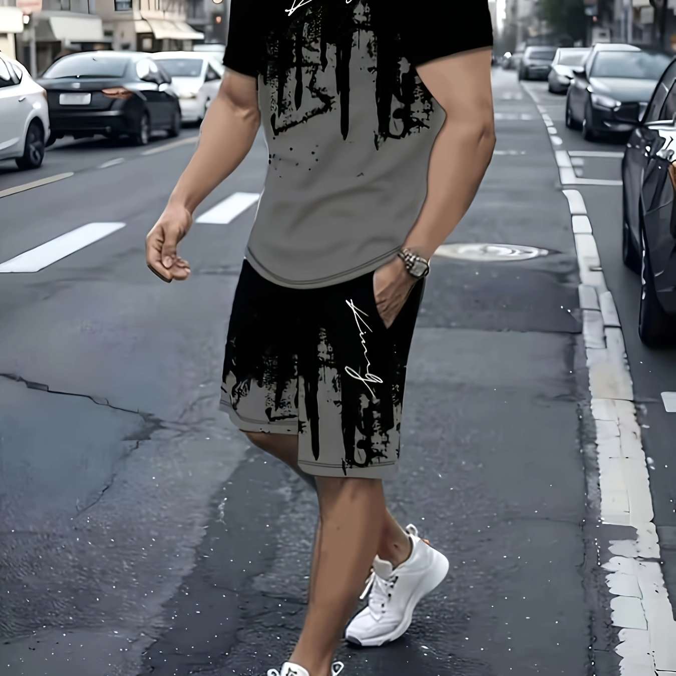 TEMU Men's Neck Casual T-shirt And Short Shorts Set, "king" , Drawstring Elastic Waist Shorts, Soft And Breathable, Outdoor Leisure Comfortable Wear