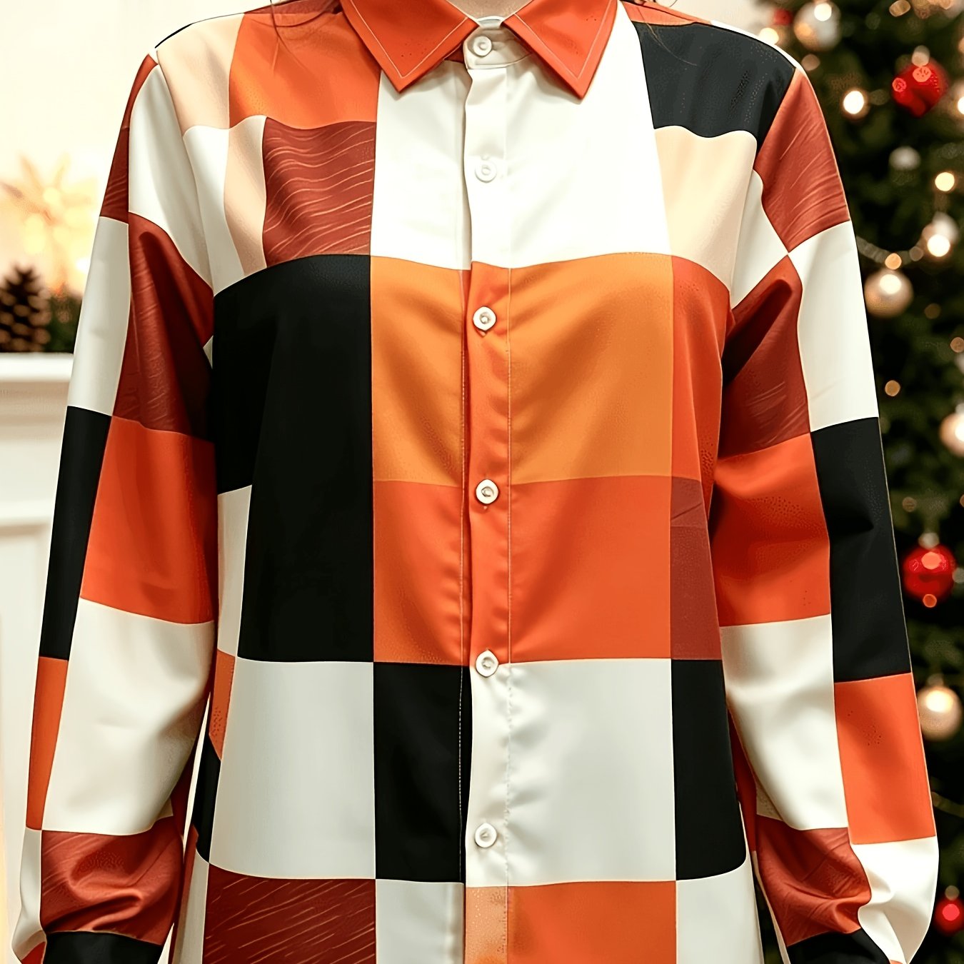 TEMU Women's Printed Shirt - Long Sleeve Button-up Shirt, Suitable For Office, Commuting, Or Formal Events, , Sophisticated Casual. Print Design – No