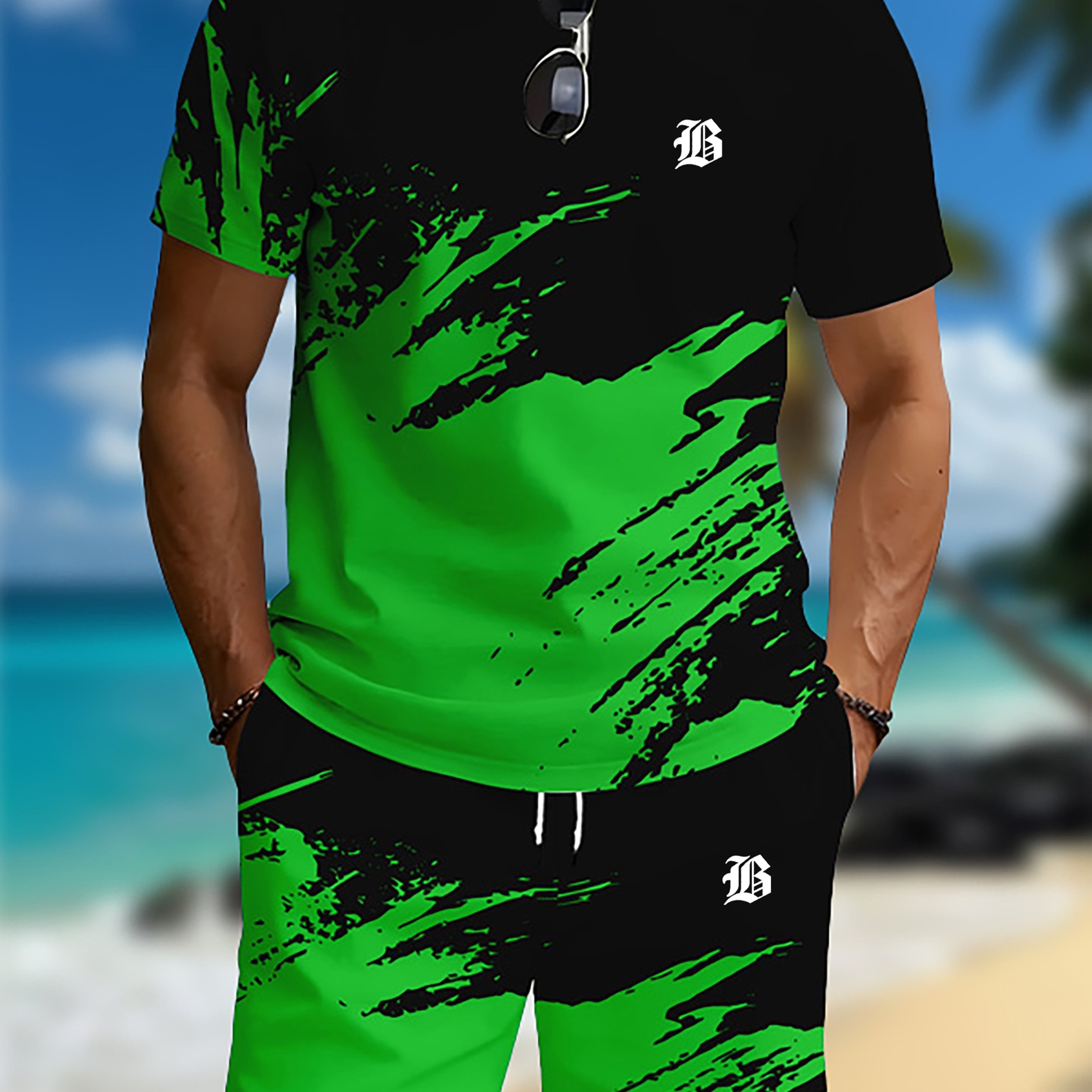 TEMU Trendy Men's Summer Statement! Gothic "b" Letter Black And Red Ink Splatter Short Sleeve Shorts Set - Versatile For Fitness, Vacation, And