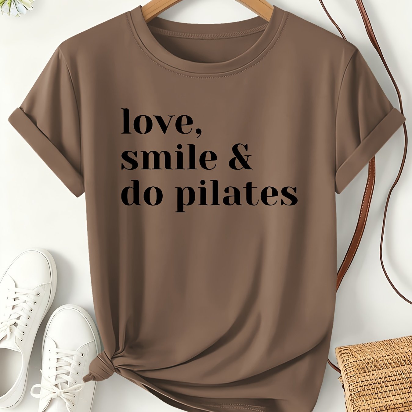 TEMU & Do Pilates Printed Women's T-shirt, 2026 Spring/summer Gentle Style Short Sleeve, Loose For Fitness And Daily Wear, Life Attitude Themed