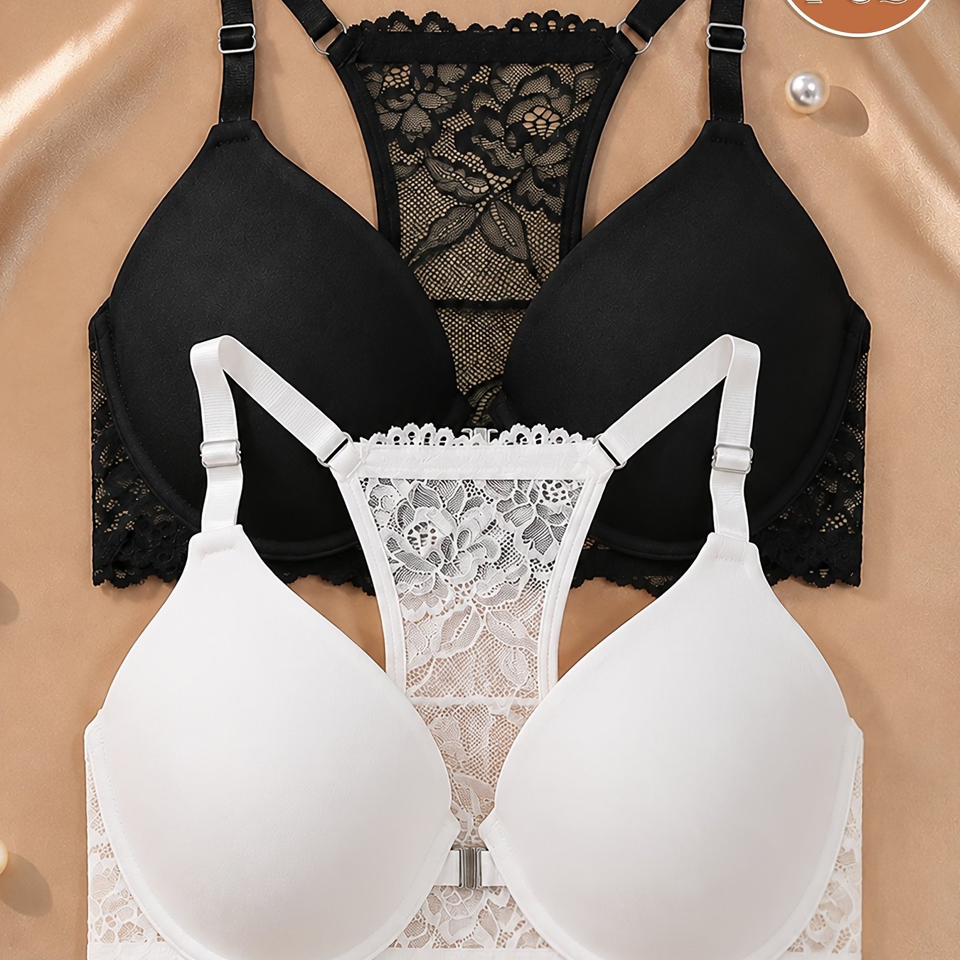 2-delni ženskih plus size: Čipkast nedrček z odprtim hrbtom in zapiranjem spredaj ter brezšivni push-up nedrček z žico in halter ovratnikom,
