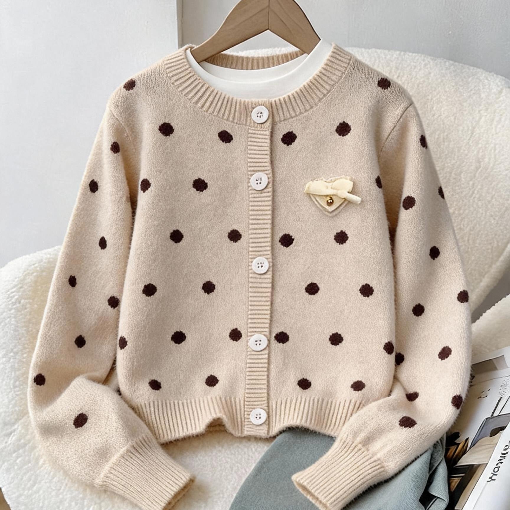 Winter Outfit Girls' Fleece-lined Thick Sweater Korean Style Kids Knit Cardigan Jacket Polka Dot Casual Long Sleeve Top