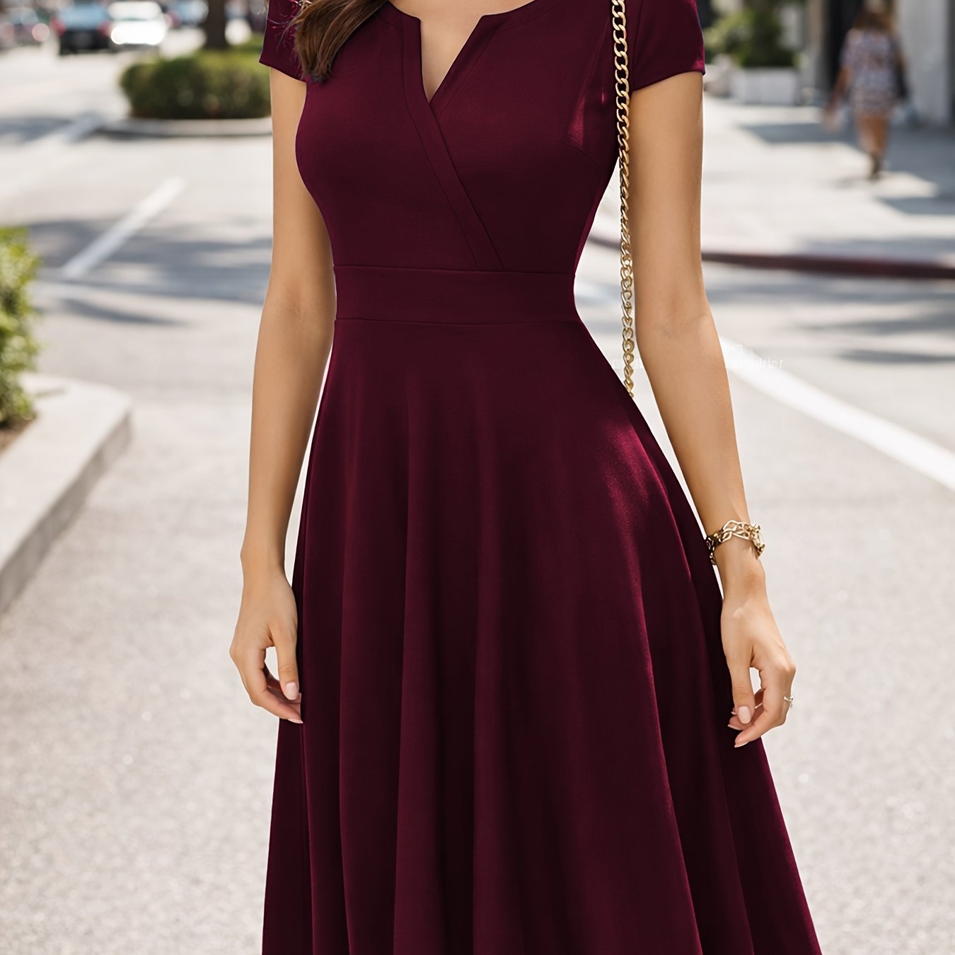 TEMU Summer Women's Fashion Easy Solid Color Cross V-neck Short Sleeve Waist-cinching A-line Midi Dress, Suitable For Daily Wear, Commuting, Office,