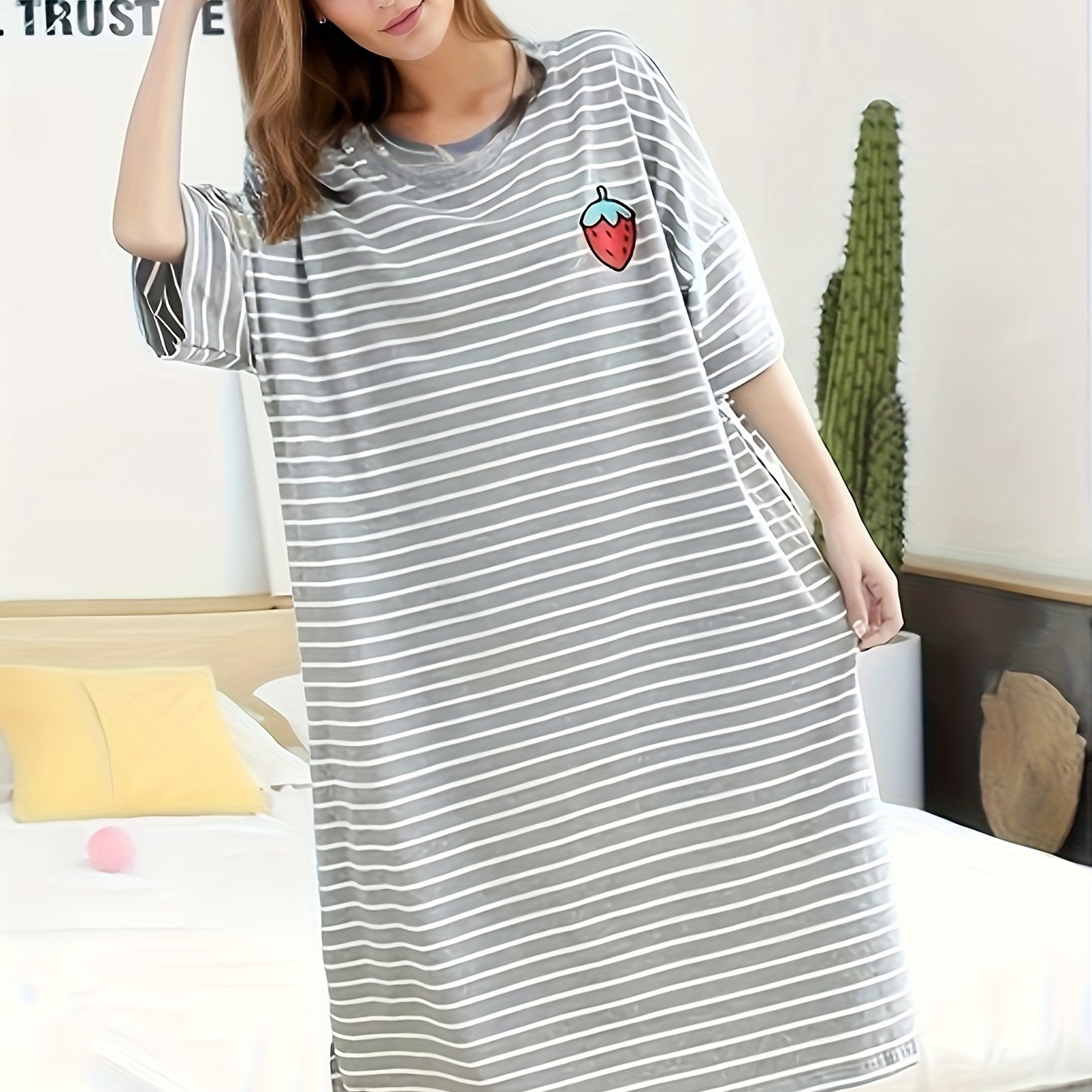 Image of Summer Short Sleeve Thin Striped Nightgown Long Loose Style Summer Casual Women's Pajamas Women's Robe Adult Round Neck Hooded Nightgown