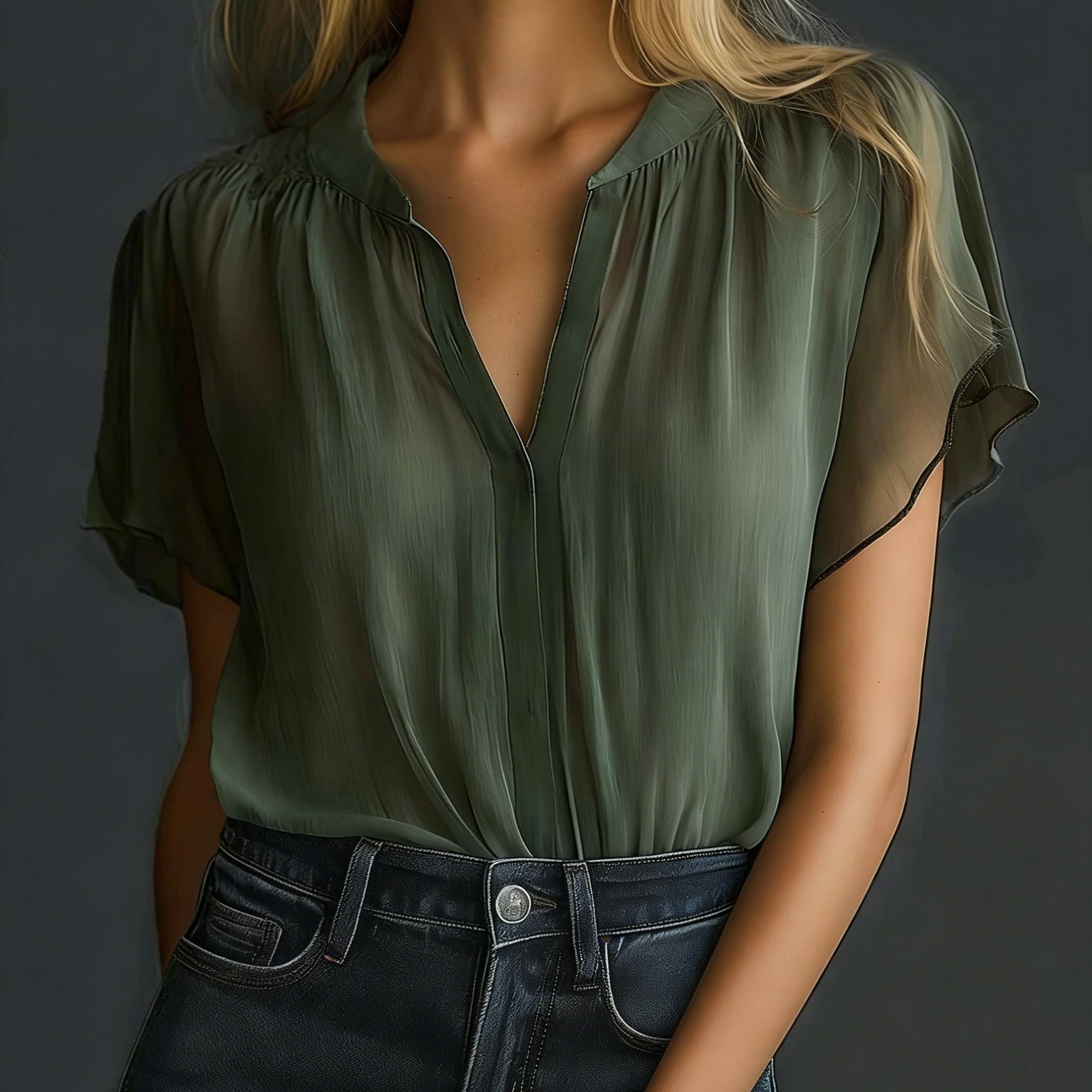 Women's Vintage Chiffon Short-sleeve V-neck Sheer Blouse