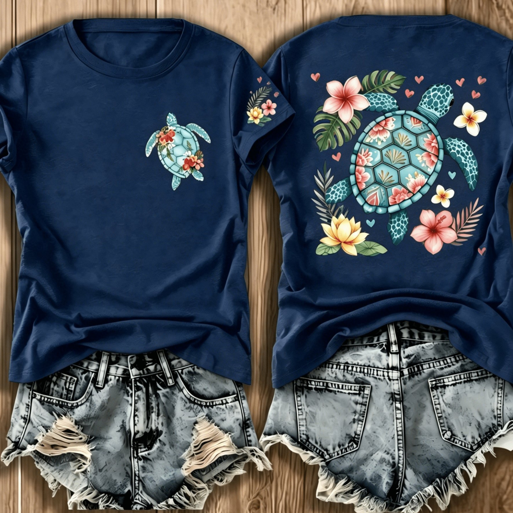 TEMU Plus Size - Plus Size - Women's European And Crew Neck Short Sleeve T-shirt, Lightweight And Breathable, Features Colorful Flower And Turtle .