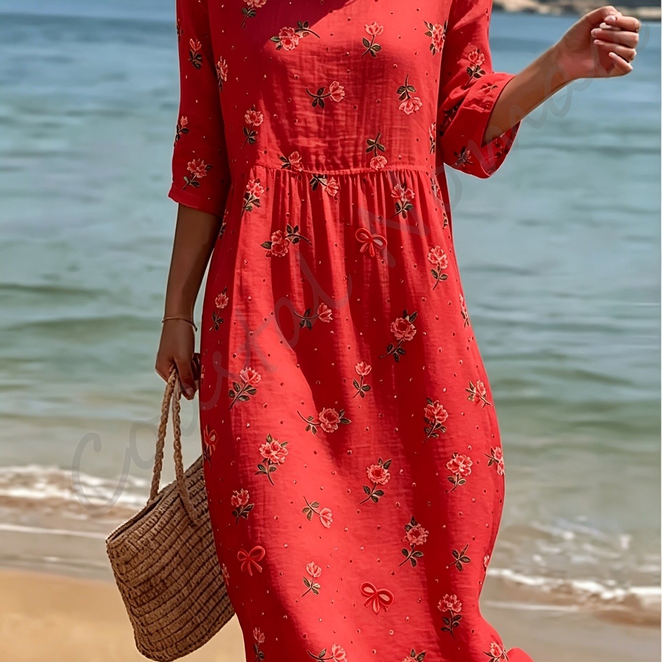 Image of Women's Red Rose And Bow Midi Dress, Crew Neck 3/4 Sleeve Dress, With Flower And Polka Dot Print, Coquette Style Loose A-line Dress For Summer