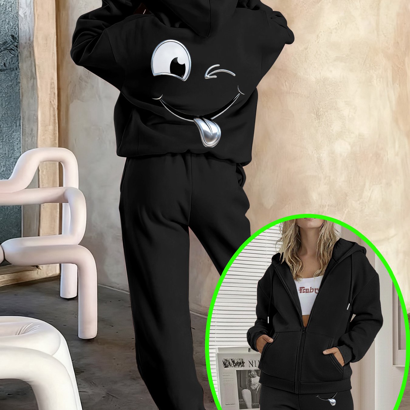 E-shop Zweiteiliges Set mit Grafikdruck, Sweatshirt mit Rundhalsausschnitt & Hose, Damenbekleidung