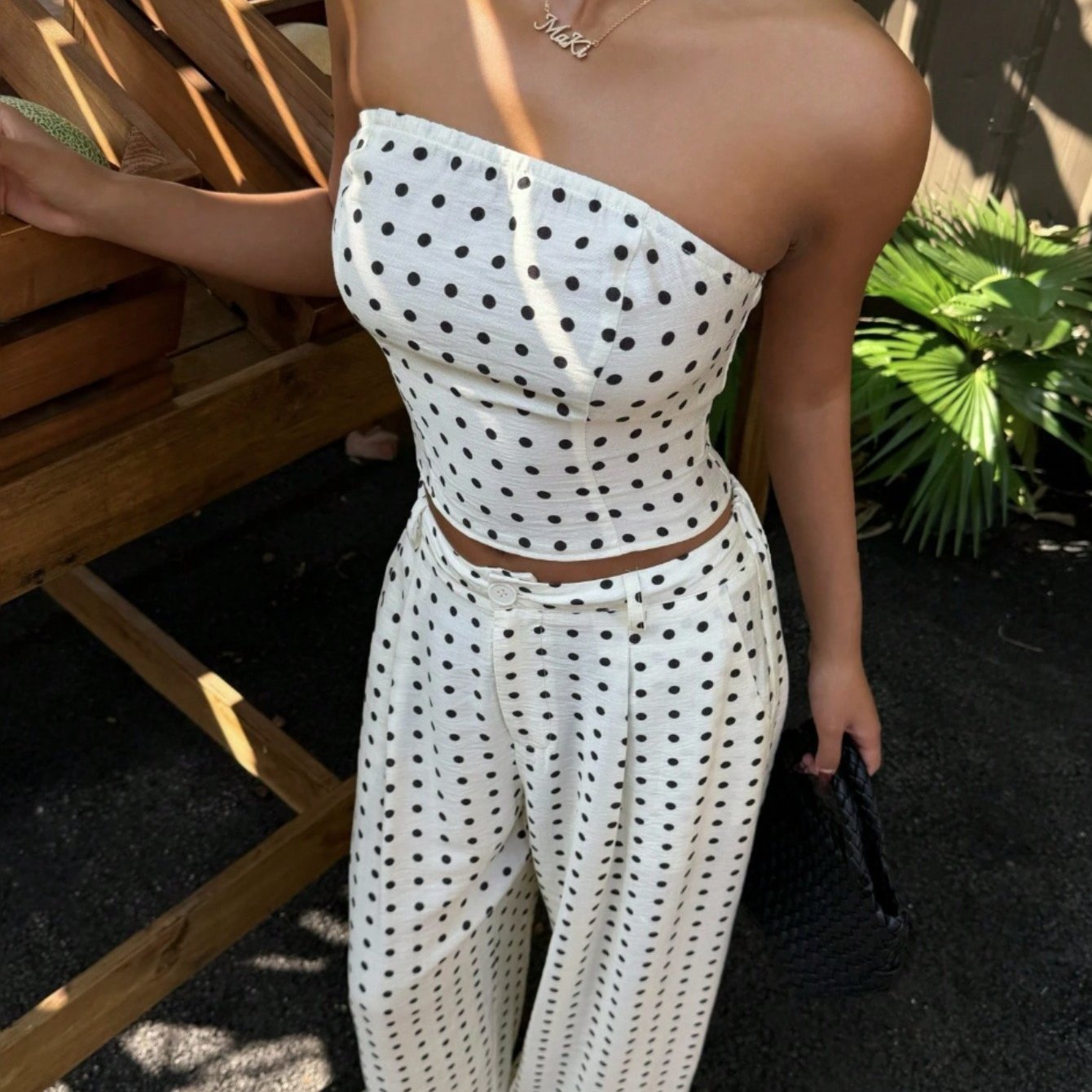 Women's Spring Summer Polka Dot Two-piece Outfit, Tube Top Crop Top And High Waist Wide Leg Pants Set, Casual Vacation Wear For Beach, Daily And Going Out