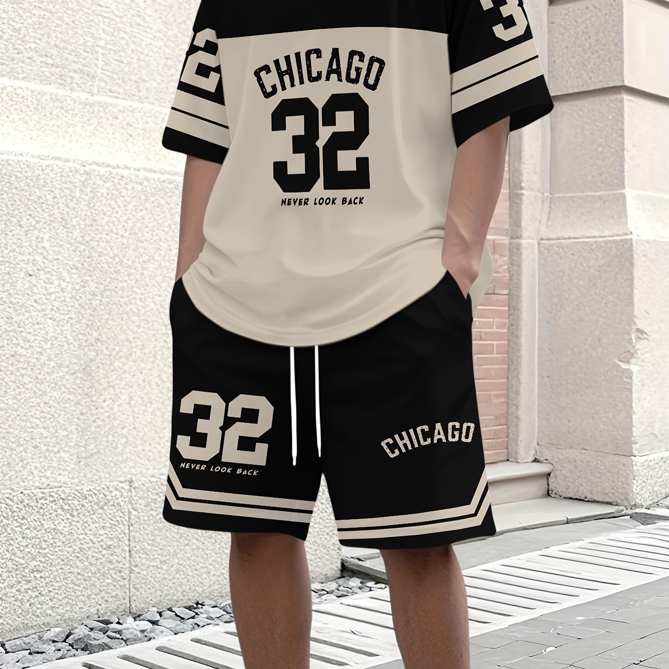 E-shop Herren Freizeit-T-Shirt, Rundhals Kurzarm Shorts-Set, auffälliges "32"-Zahlenmuster, atmungsaktive reguläre Passform für Alltags- formelle